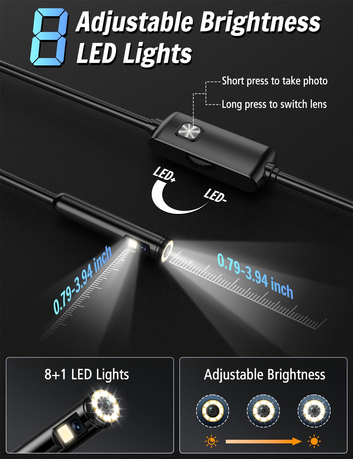 Caméra Endoscopique Double Objectif, 1920P HD Camera Inspection Canalisation avec 8+1 LEDs Réglables pour Compatible Android, iOS et tablettes, No WiFi Camera Câble Semi-Rigide(16,5 FT/5M)
