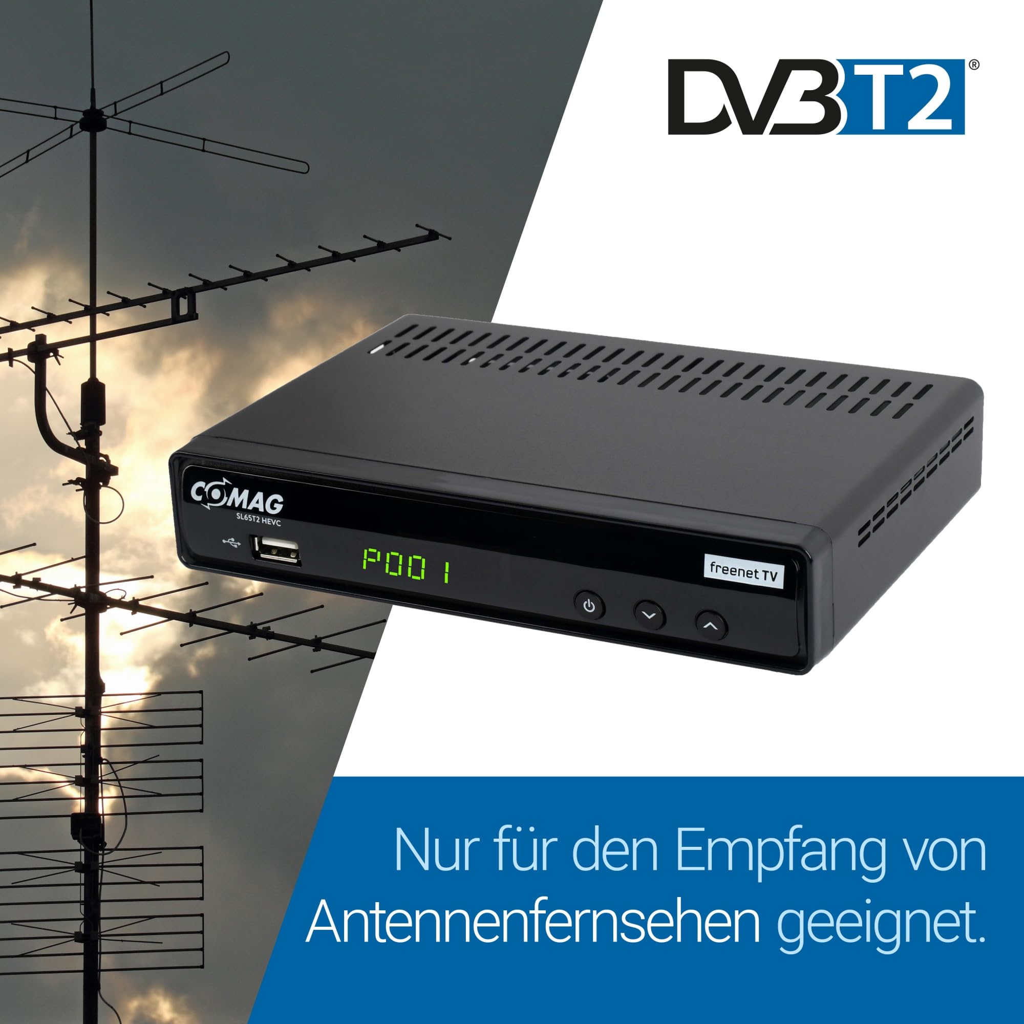 Sky Vision COMAG SL65T2 DVB-T2 Receiver, Freenet TV (Private Sender in HD), PVR Ready, Full-HD 1080p, HDMI, SCART, Mediaplayer, USB 2.0, 12V tauglich, 2m HDMI Kabel und DVB-T2 Antenne