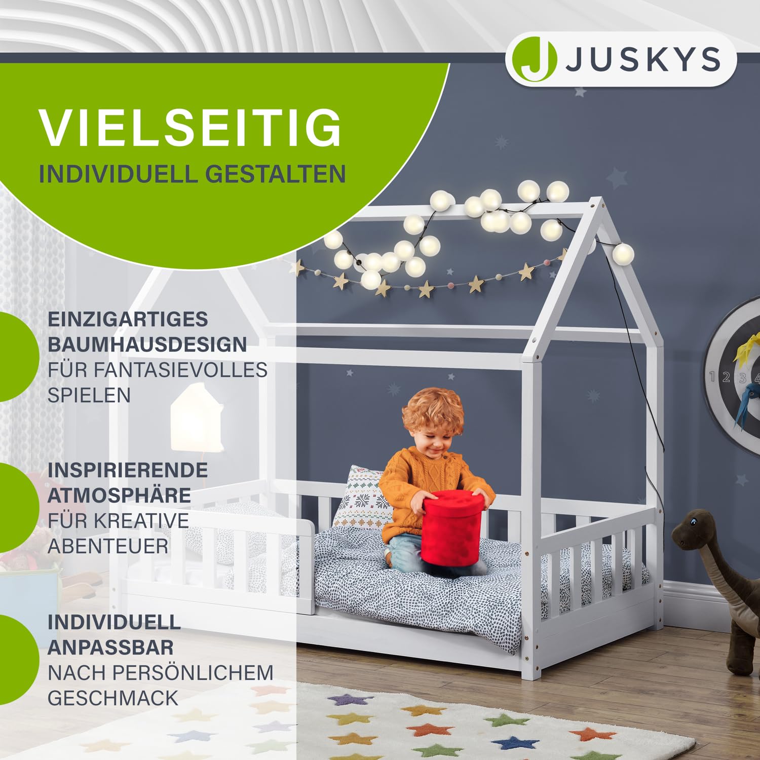 Juskys® Kinderbett Marli 80 x 160 cm mit Rausfallschutz, Lattenrost und Dach - Hausbett für Kinder aus Massivholz - Bett in Weiß