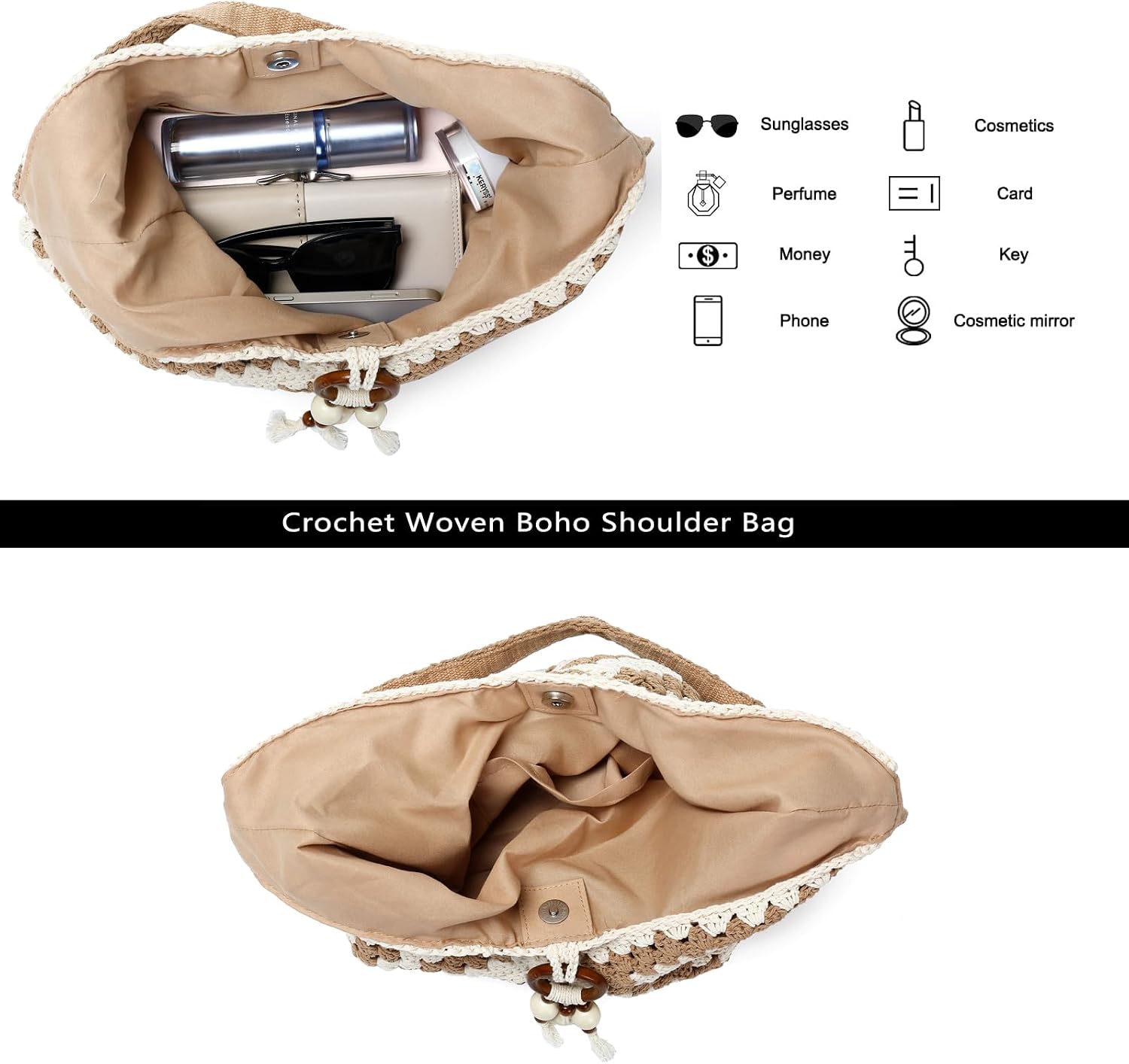 Crochet Knitted Bohemian Beach Purse for Women,Crochet Woven Boho Shoulder Bag Tote Handbags Summer Vacation Soft Foldable