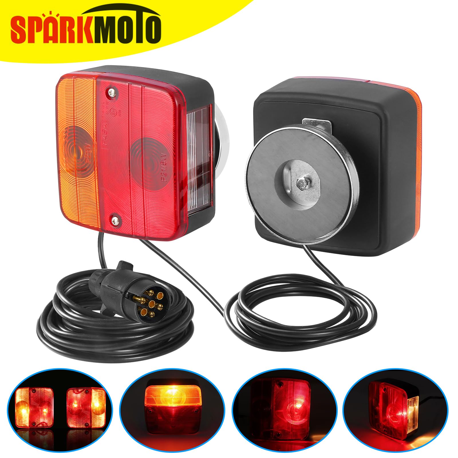 Fanali Posteriore Rimorchio Magnetico,Kit Luci Rimorchio 7 Poli Con Cavo 2.5/7.5M Connettore 7 Poli,Fari Posteriori Rimorchio Calamita