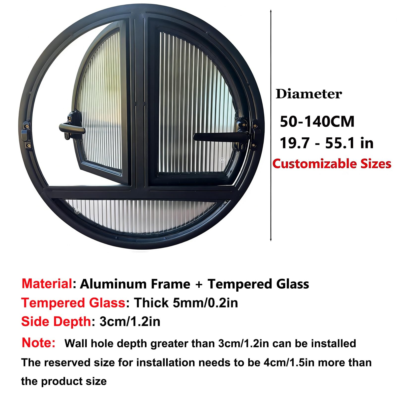 Ventana Ventana Abatible Redonda De Doble Apertura con Manija Bloqueable, Reemplazo De Ventana con Marco De Aluminio con Vidrio Templado, Personalizable(Black,137 cm/53.9 in)