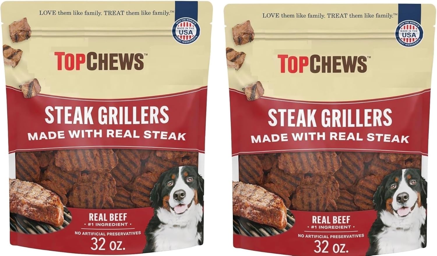 (Pack of 2) Top Chews Steak Grillers for Dogs, 32 oz - Made with Real Steak; Beef is The #1 Ingredient; No Artificial Flavors; No Artificial Preservatives.- Package May Vary