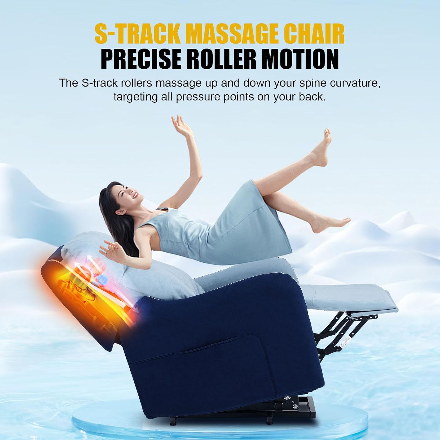 Ірі план view of the internal massage rollers and mechanism within the COMHOMA HS107-BL recliner's backrest.