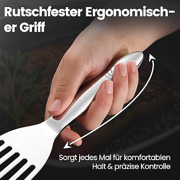 Gourmet Easy Stainless Steel Spatula Set Thin Edge for Turning Pancake turner with ergonomic handle fits comfortably in the hand rust-proof dishwasher safe 5 year replacement promise