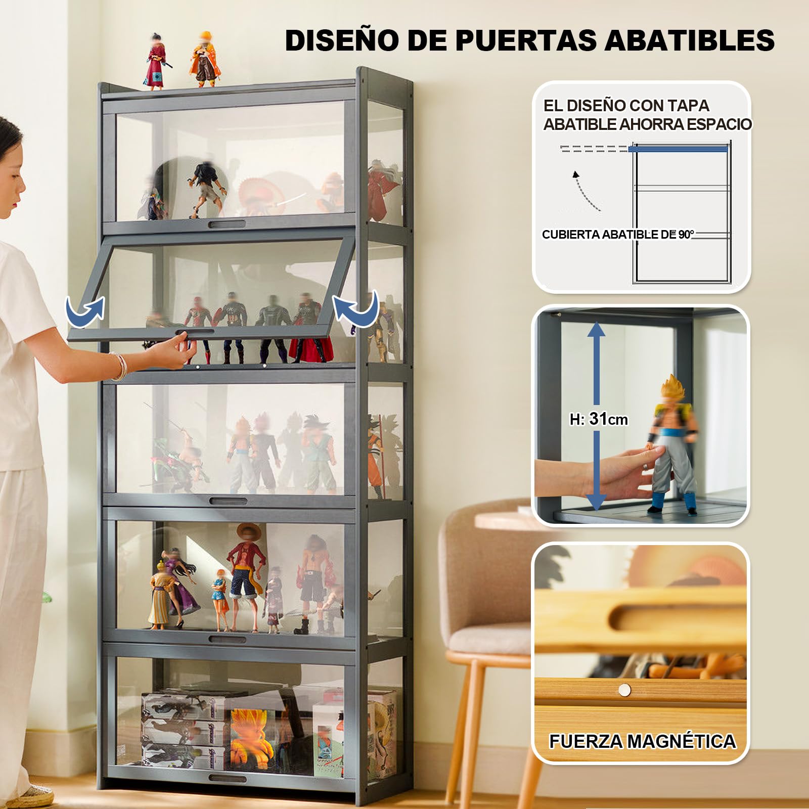 Vitrina, Vitrina Expositora Multifuncional de Vidrio a Prueba de Polvo, Diseño de Puerta de Gabinete con Solapa, Vitrina Cristal para Oficinas, Dormitorios, Salas de Estar