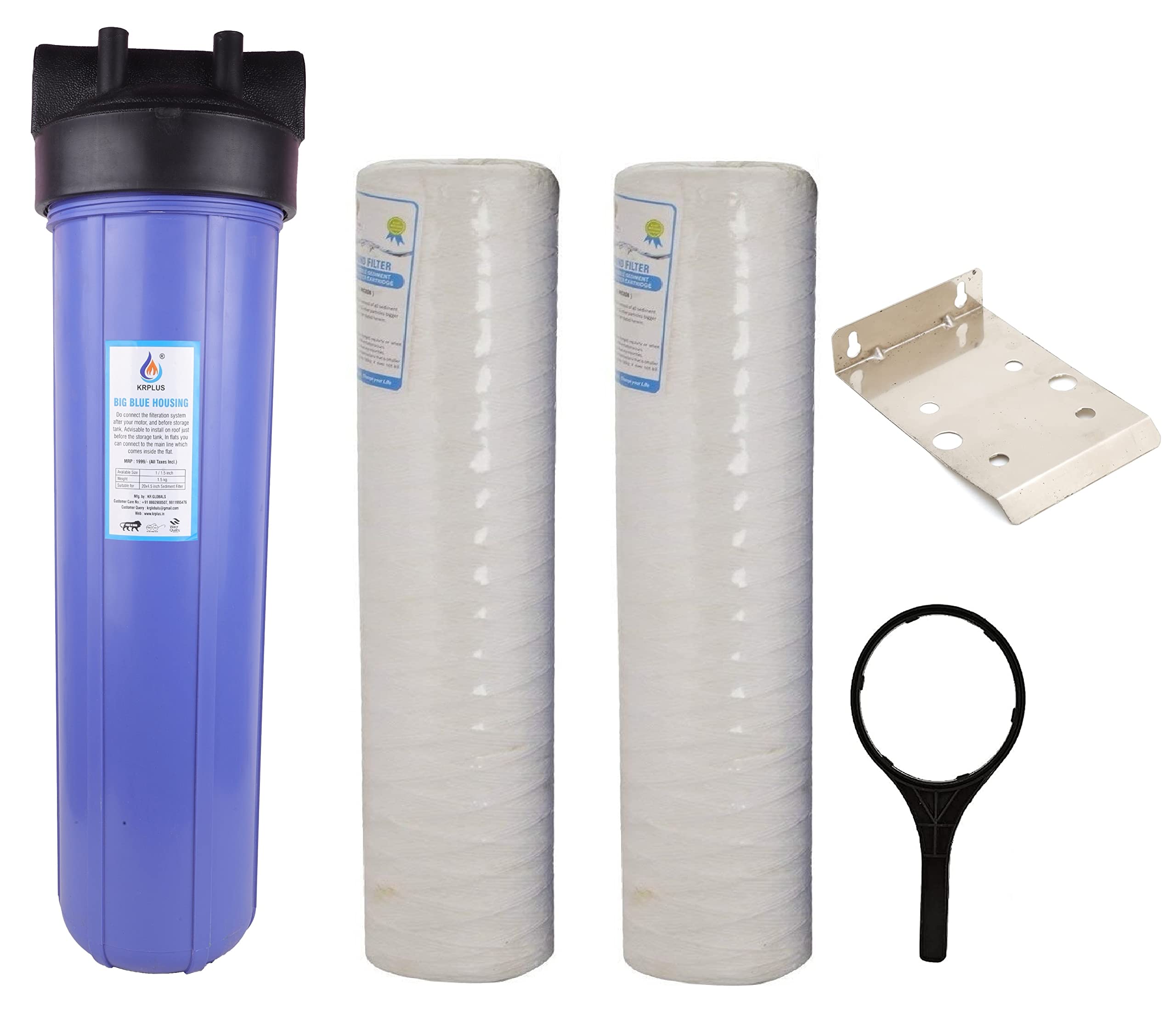 KRPLUS® Whole House Water Filter Housing, 2 Pcs of 20" x 4.5" Wound Thread Filter Cartridge Universal Housing, 1.5" NPT Port, Pressure Release & Wall Mount Plate (Blue)