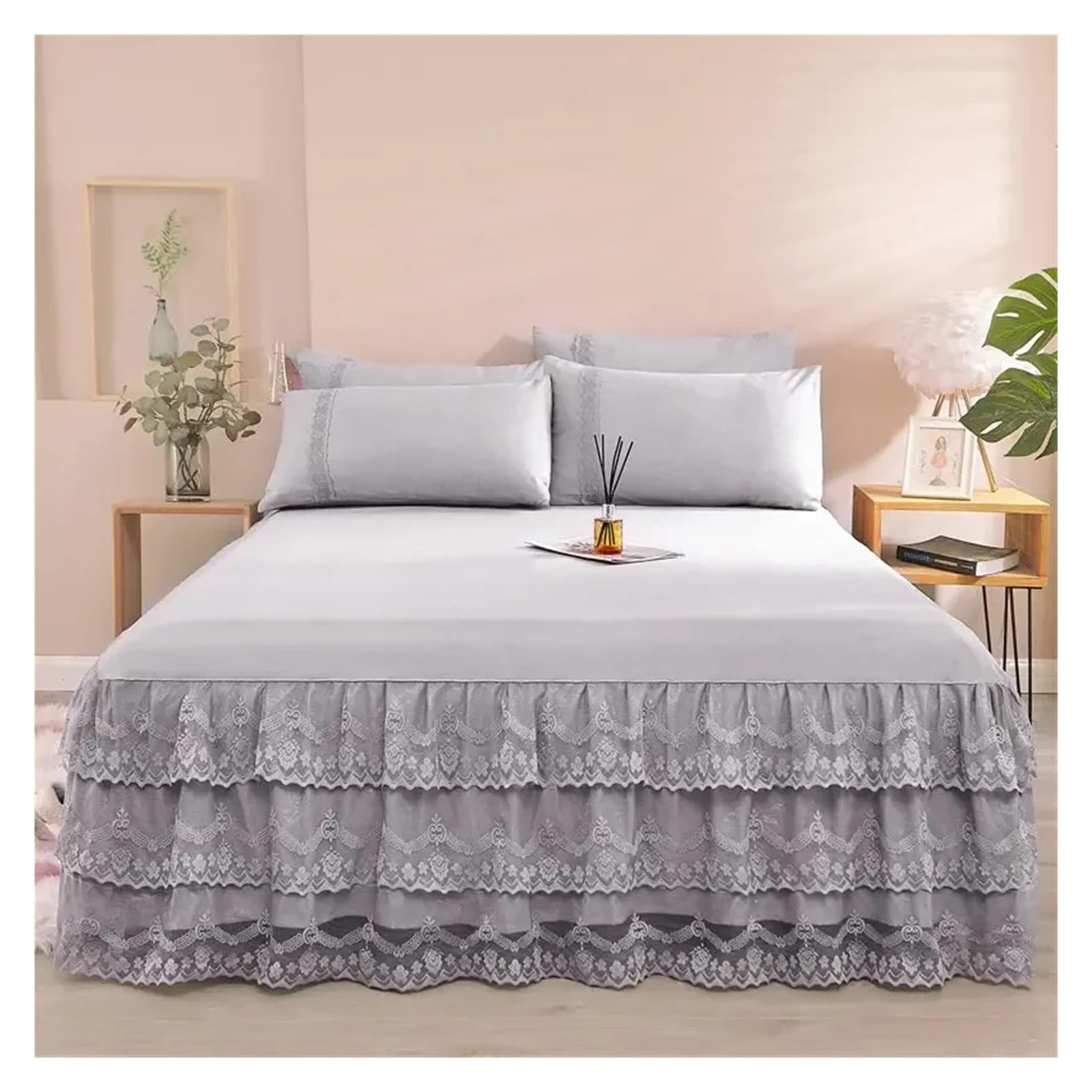 Lace Bed Skirt Solid Color Bedspread Sheet Microfiber 3PCS Bed Sheet Set 1pc Elastic Wrap Around Bedskirt With 2pcs Pillowcases(3,150x200cm 3pcs)