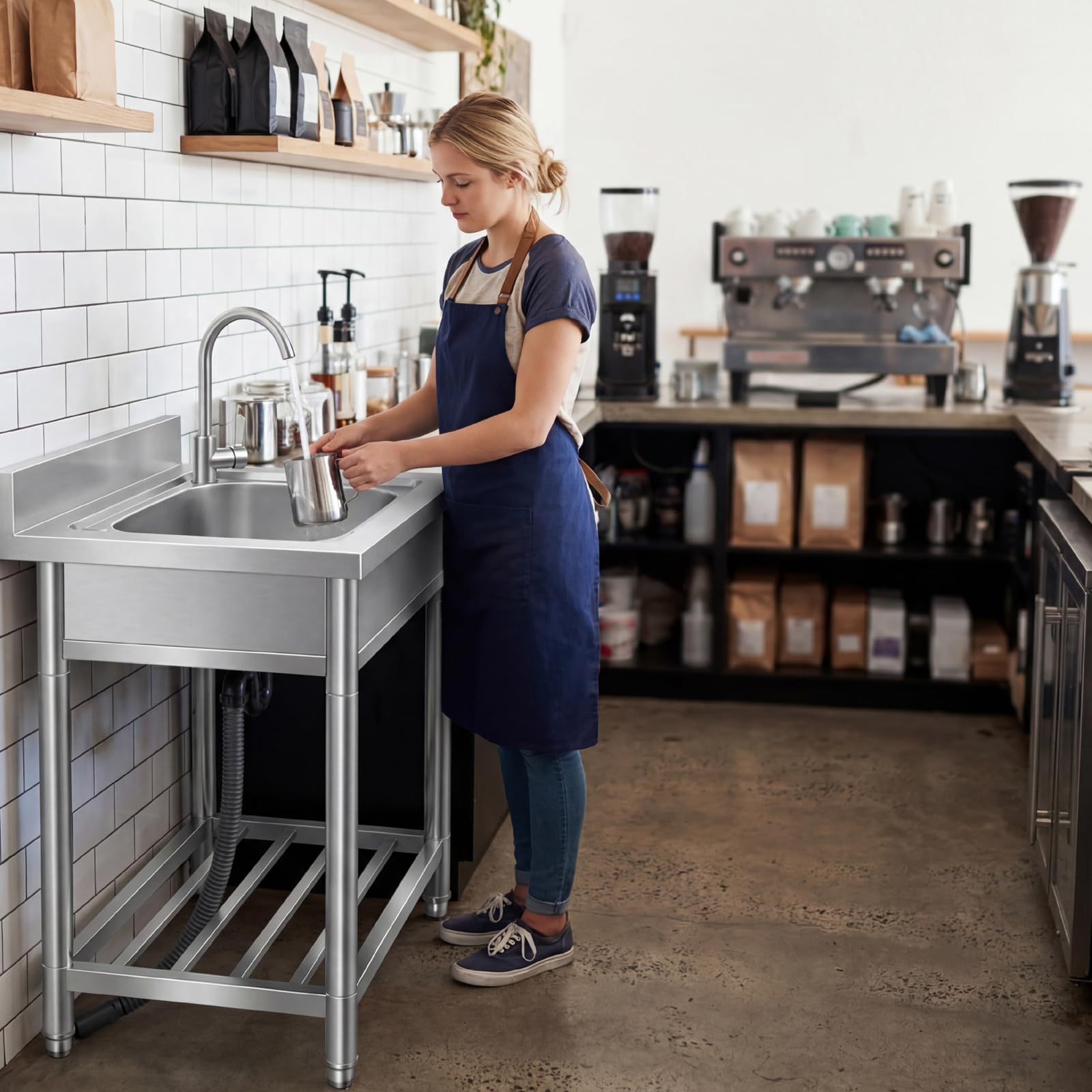 Vrijstaande roestvrijstalen enkele kom commercieel restaurant aanrecht set w/kraan, voorbereiding & utility wasbak met opbergplank, wasbak voor binnen en buiten (22 inch