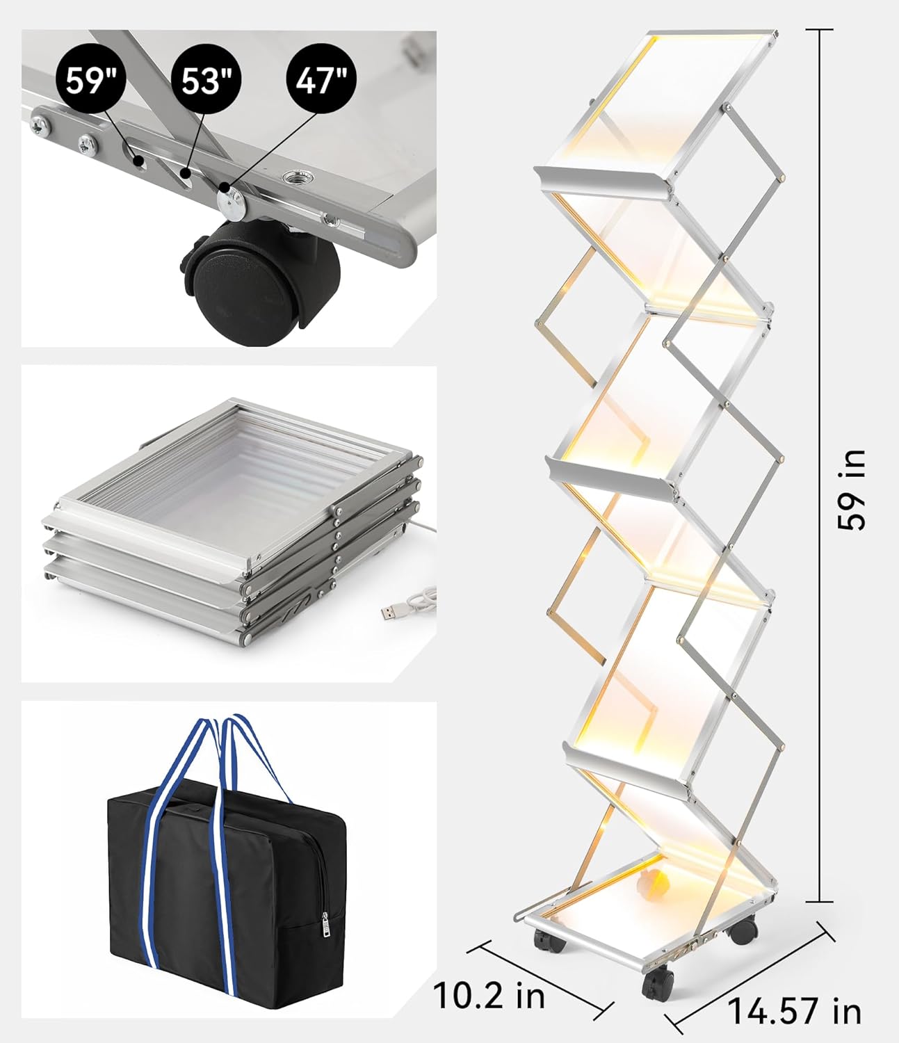 LED Magazine Rack, 6 Pockets Foldable Aluminum Brochure Display Stand, Lighted Acrylic Floor Standing Magazine Holder with Wheels & Carrying Bag for Trade Show, Exhibition, Menu, Office, Store