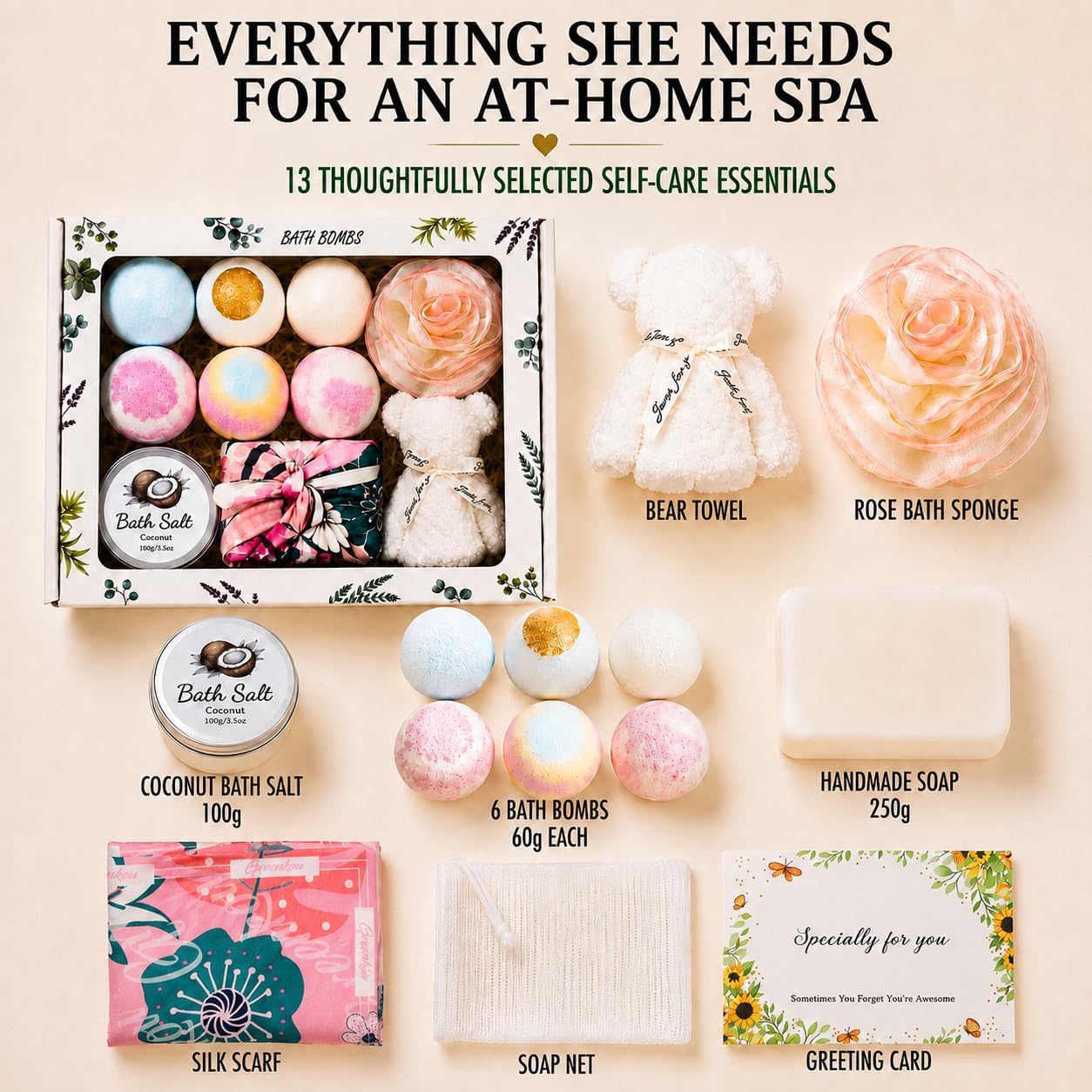 Bath Bombs Spa Gift Set forWomen, 13-Piece Set with 6 Bath Bombs,Handmade Soap, Bath Salt & Care Kit,Home Bath & Spa Self-Care Set, Birthday,Christmas, Mother's Day, Get Well Soon Gift