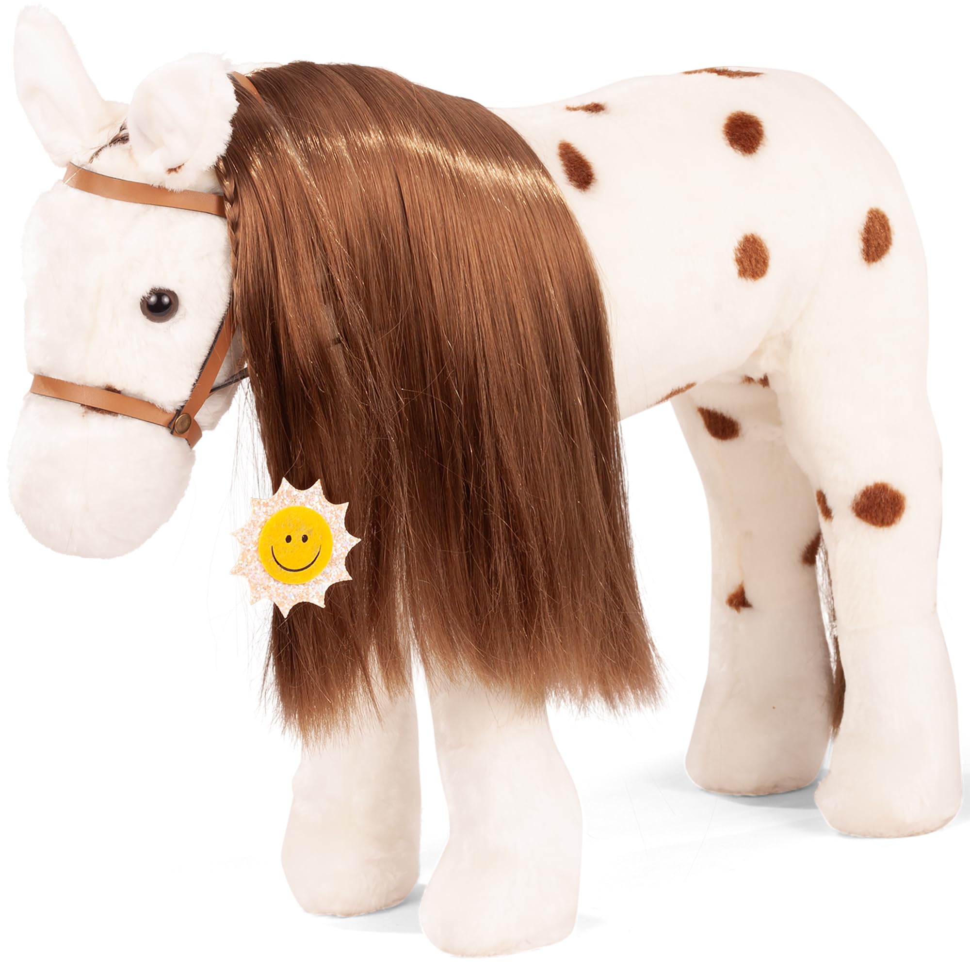 Götz 3403670 Dotty Kämmpferd mit Zaumzeug Haarspange Plüschpferd für Puppen | 3-tlg Pferd, Zubehör für Stehpuppen bis 50 cm, Mähne kämmbar, Zaumzeug, Höhe ca 50 cm, Stockmaß 37 cm, für Kinder ab 3 Jahren