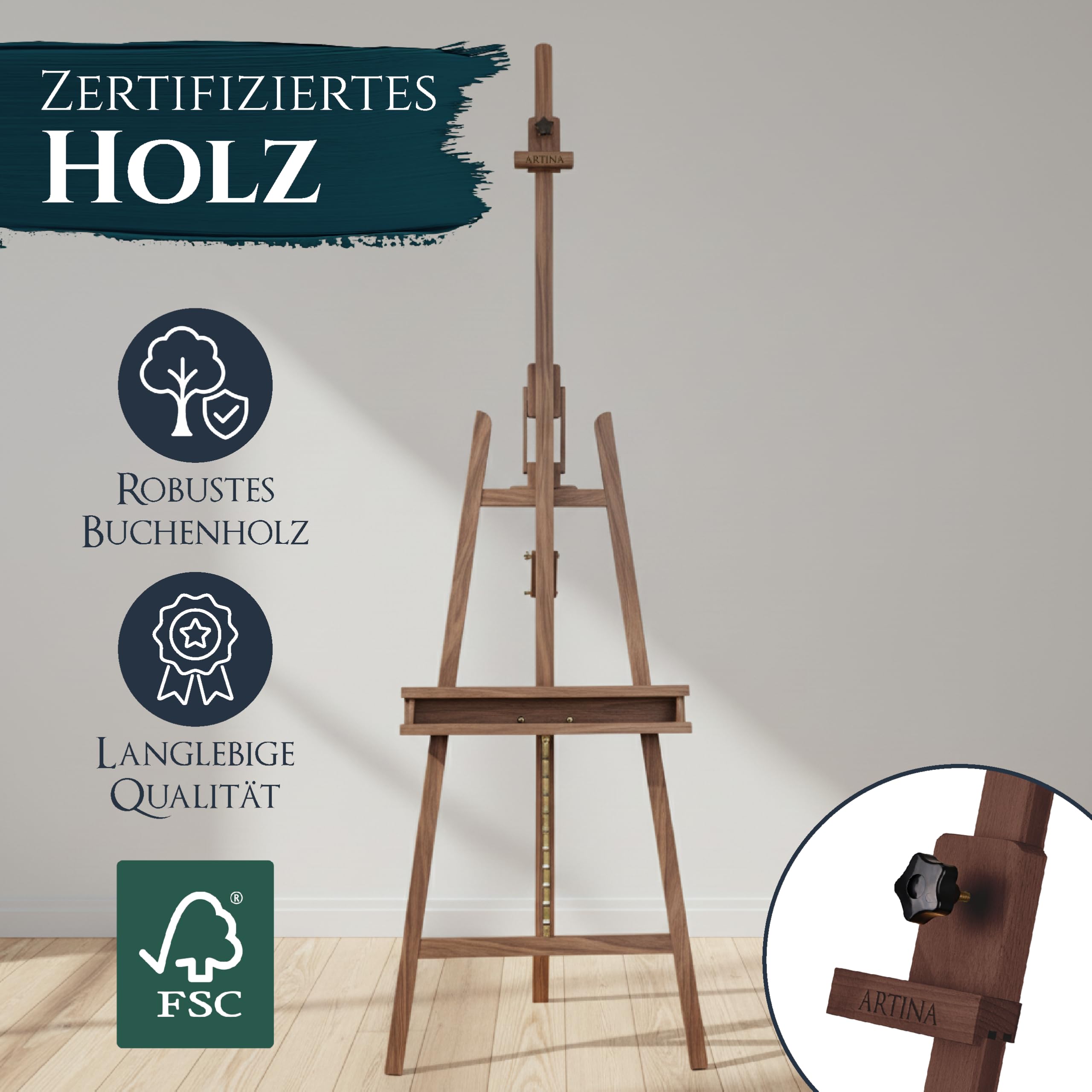 Artina 30tlg. Malset mit Staffelei Acrylfarben Keilrahmen für Leinwände | inkl. Holz Nußbaum-Optik Pinsel bis 120cm Künstler Set Einsteiger Barcelona Santorini