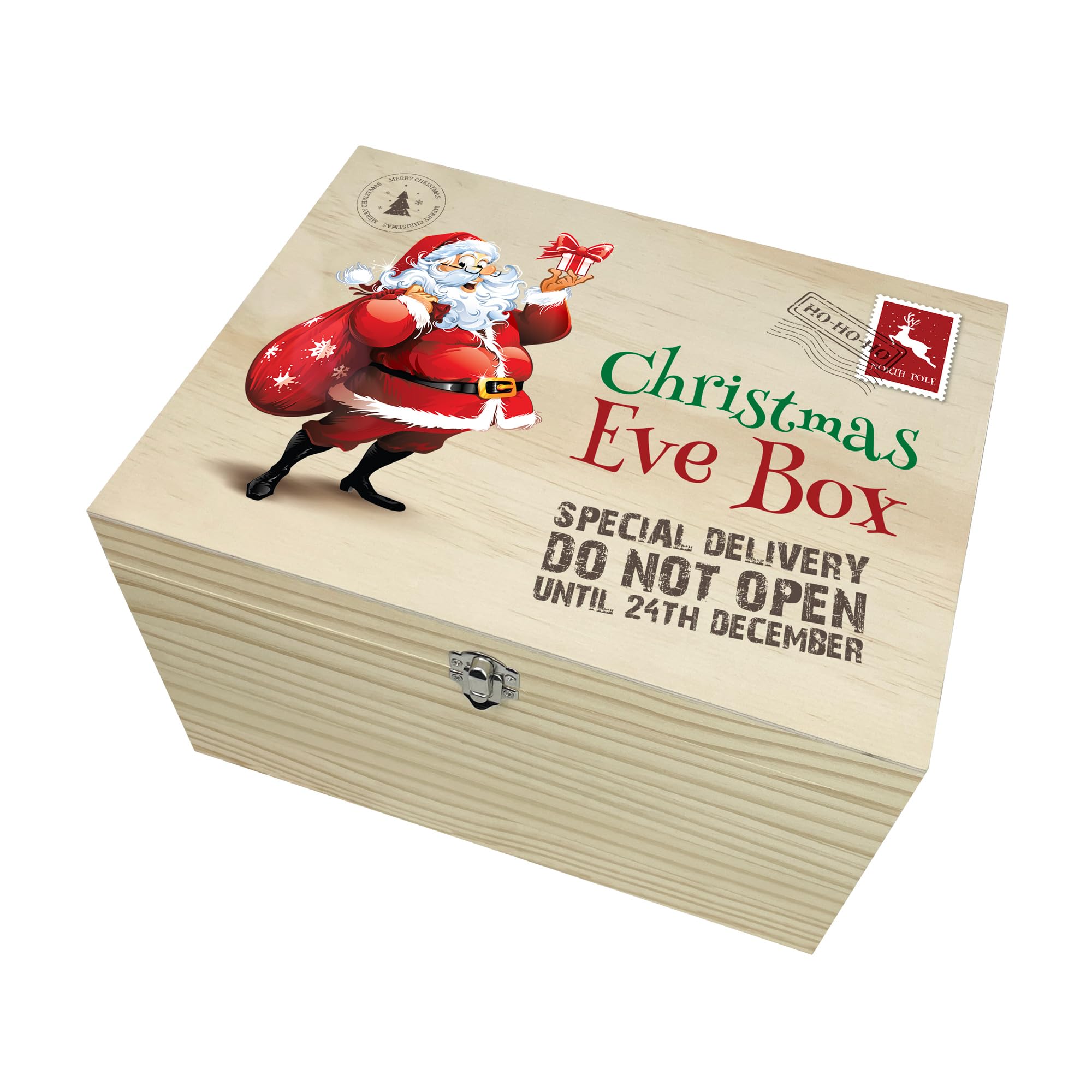 The Lovely Keepsake Company Festive Santa Christmas Eve Box | Reusable Wooden Xmas Box with Metal Clasp | Start a New Family Tradition | W26cm x D19cm x H15.5cm