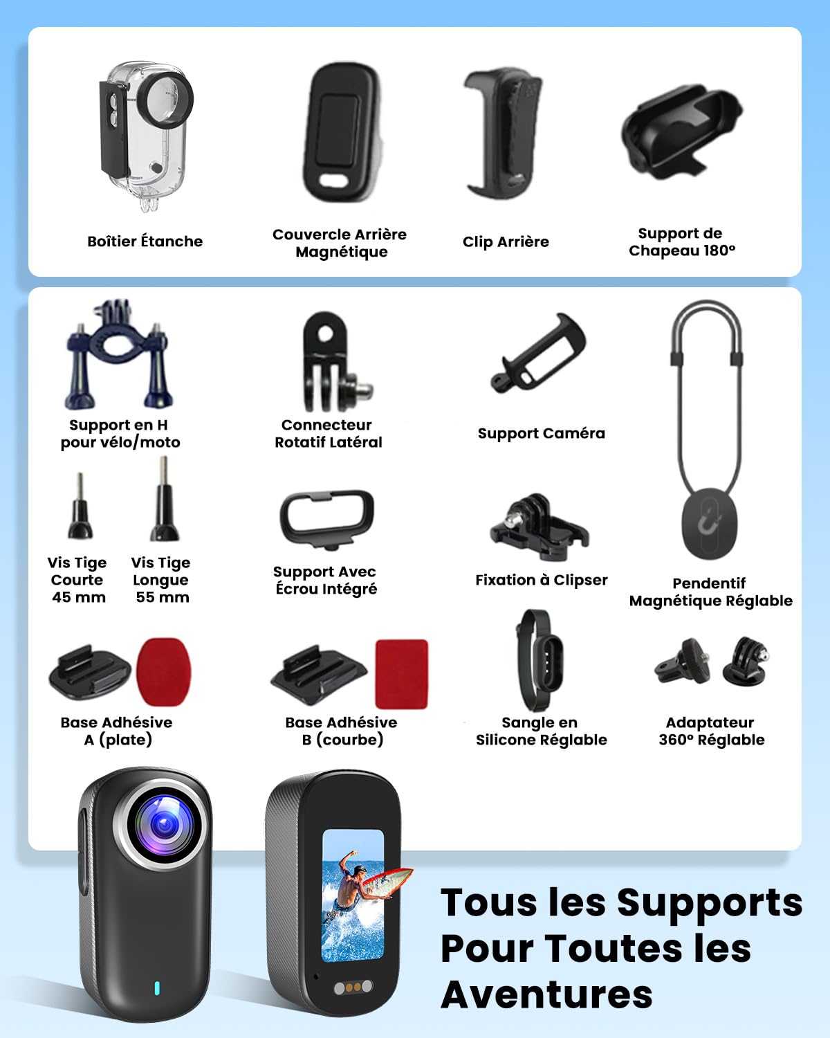 Camera Sport, 4K UHD Mini Camera Vlog WiFi avec Carte 64 Go, POV Caméra Portable étanche IP65, Action Cam – Autonomie Jusqu’à 240 Minutes (1200 mAh)
