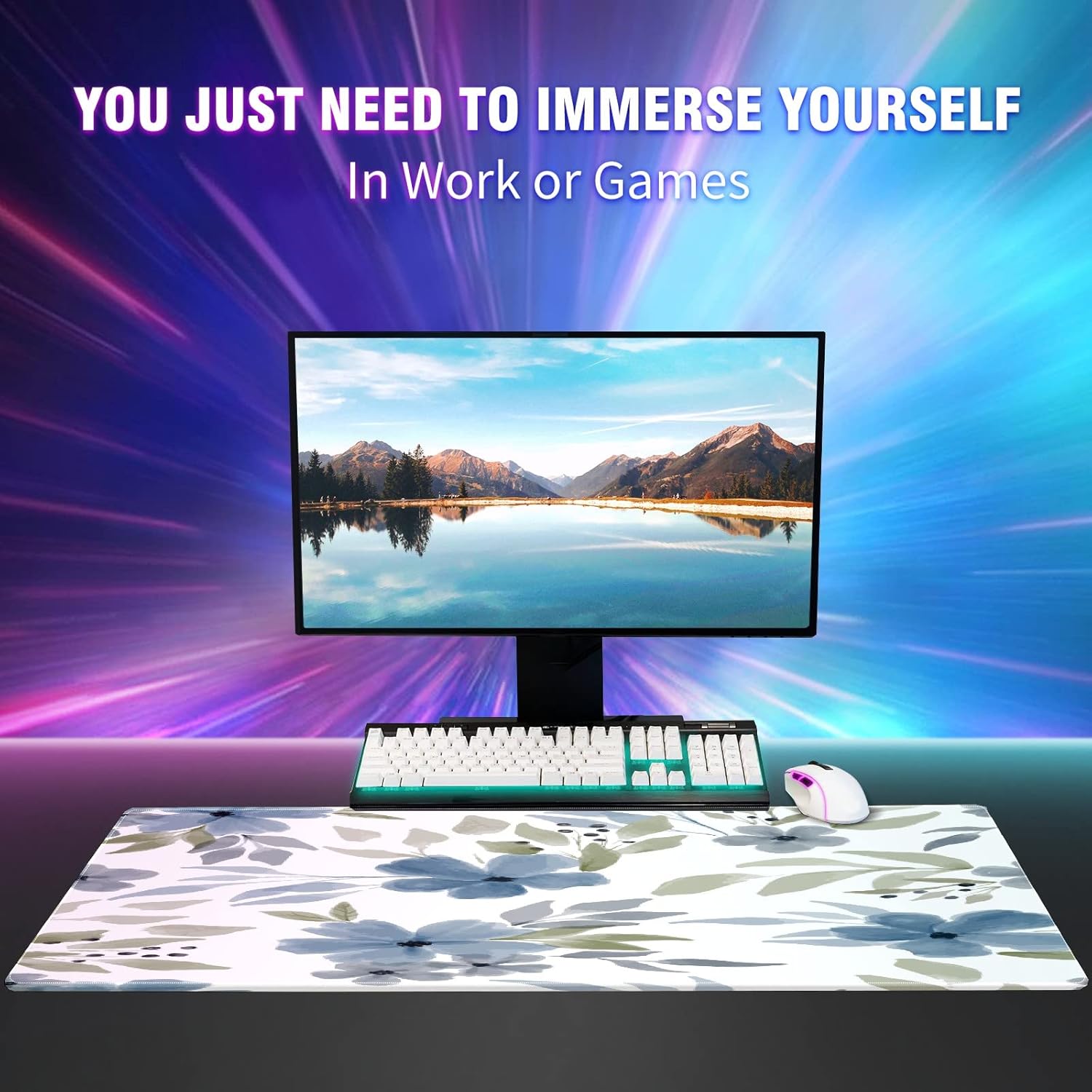 Extended Gaming Mouse Pads Winter Blue Plum Bossom Floral Large Computer Keyboard Mouse Mat Thick Desk Pad Rubber Base Stitched Edges Playmat for Gamer Home Office Decor 35.4''x15.7''
