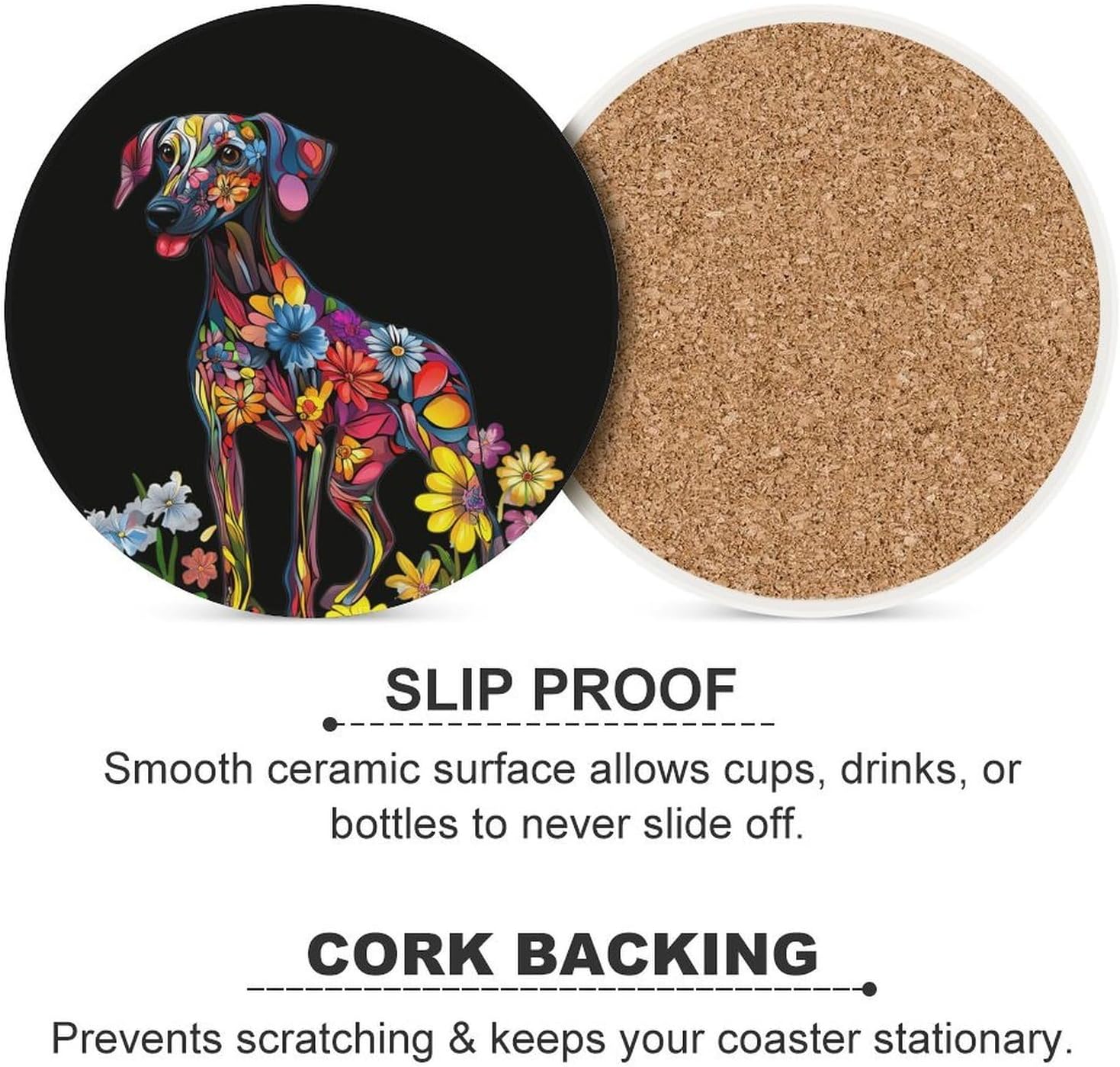 Floral Print Greyhound Dog Coasters for Drink Round Ceramic Coaster with Cork Base Home Decorative 4PCS