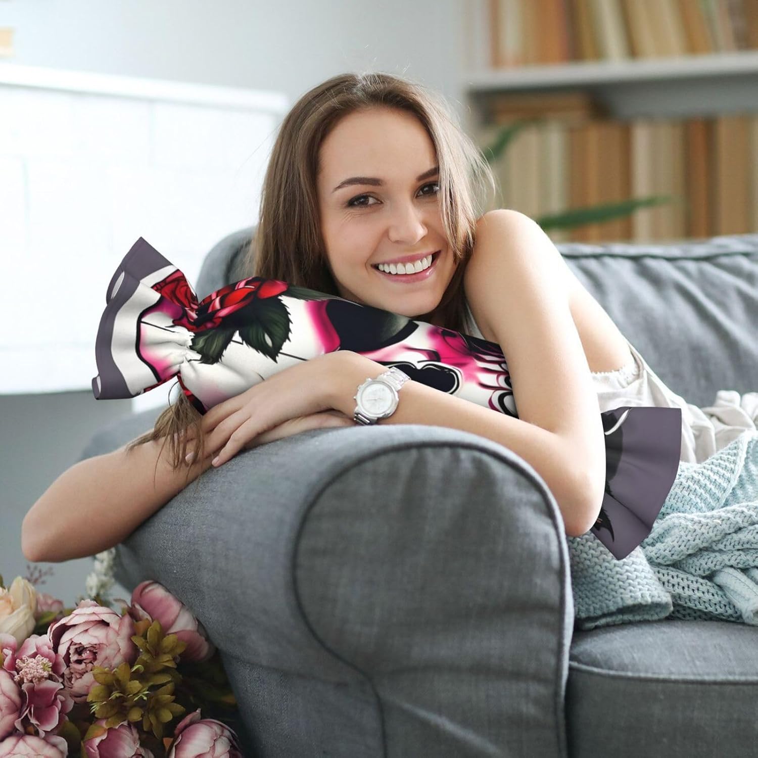 Rose Skull Print Candy Cylindrical Comfortable Pillow Throw Pillows Home Decor Easy Maintenance