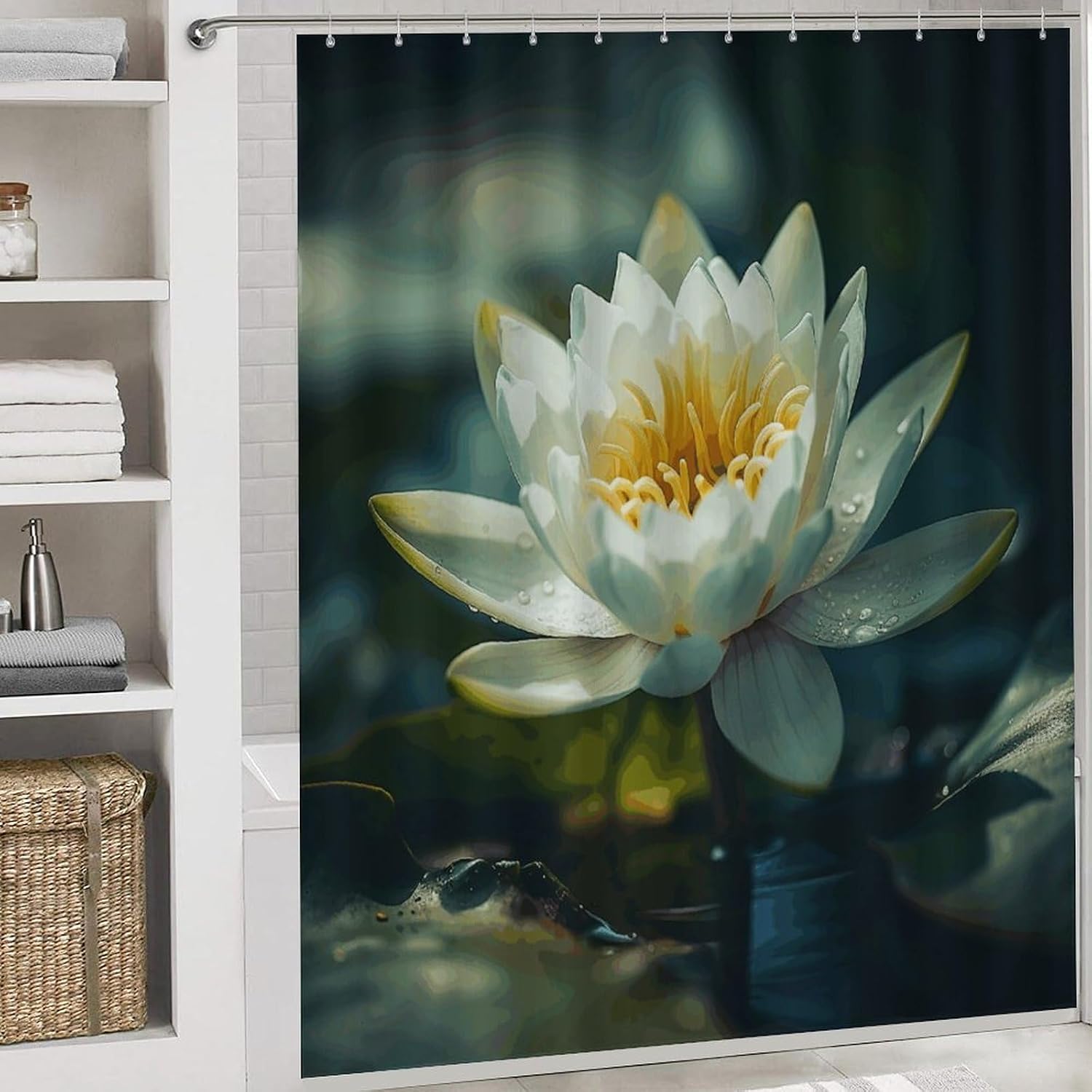 Flowers on Water 4Pcs Shower Curtain Set with Non-Slip Rugs, Toilet Lid Cover and Bath Mat,Bathroom Set Decor Accessories,Curtain Set with 12 Hooks, 72 X 72 Inch