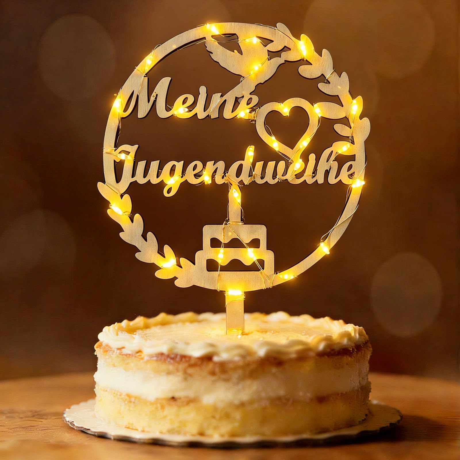 Jugendweihe Tortendeko, Seutgjie Deko Jugendweihe Junge Mädchen Holz mit LED Lichterkette Kuchen Deko