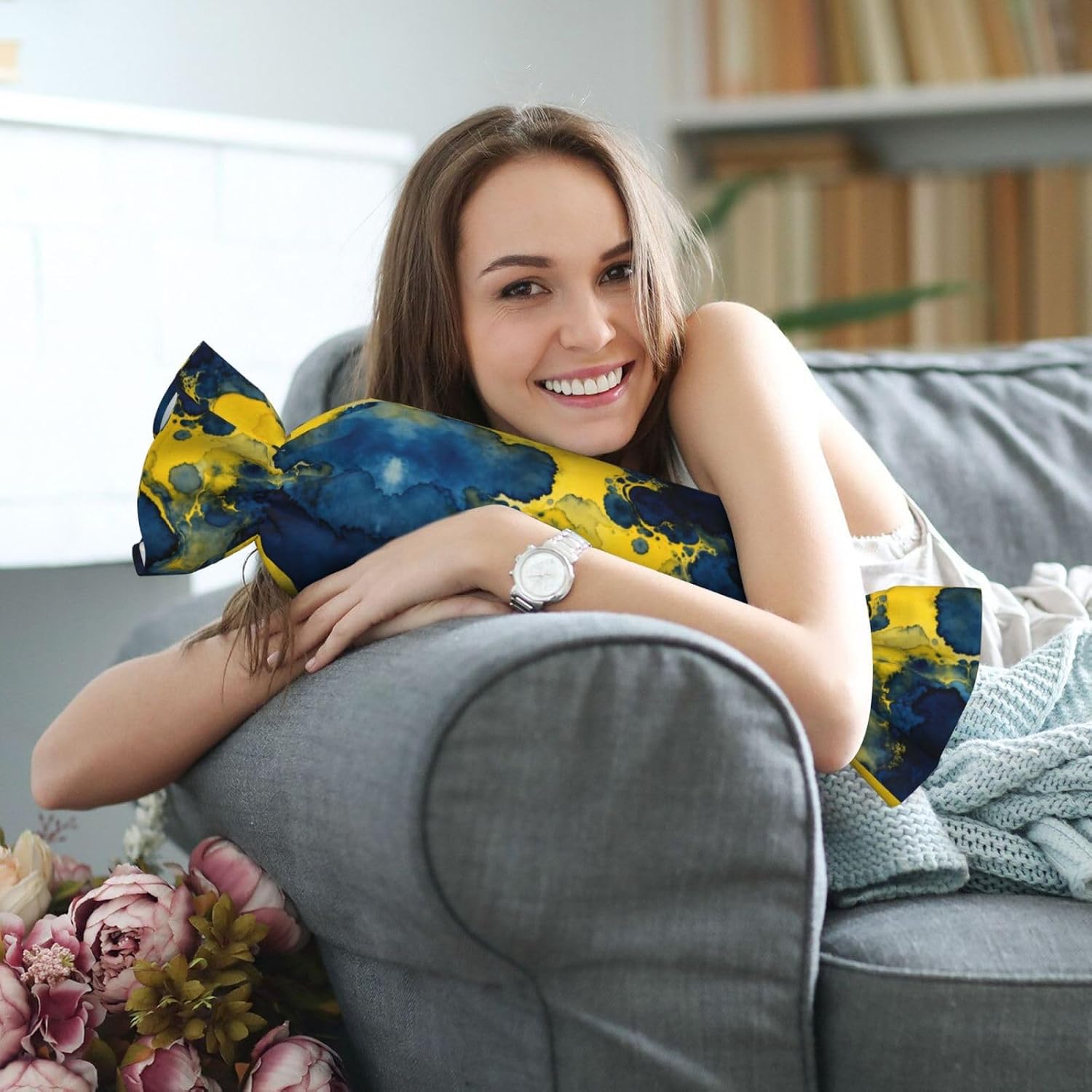 Blue and Yellow Ink wash Candy Cylindrical Pillow - Sleeping Pillow Soft Support for Back, Stomach or Side Sleepers