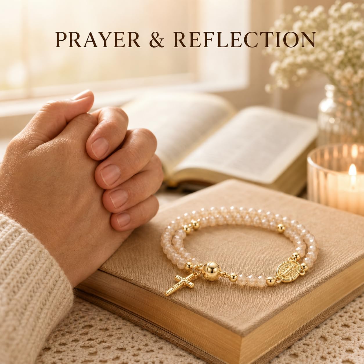 Roe Dolph Rosary Bracelet for Women Catholic Gold Cross Charm Bracelets Khaki Beaded Faith Jewelry Religious Gift for Mom Wife Sister Friend Easter Confirmation