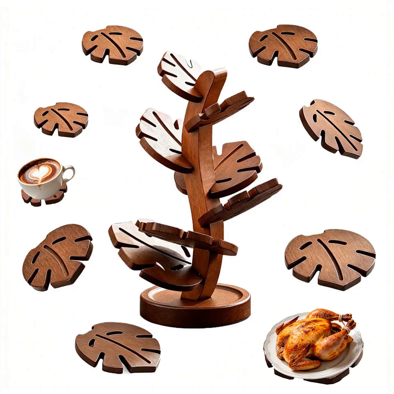 7-Piece Tree Trivet Set with Storage Stand for Hot Dishes, Bamboo Kitchen Trivets for Cups, Bowls, Plates, Teapots, Hot Pots &amp; Frying Pans, Gift for Home Cooks, Weddings, Birthdays