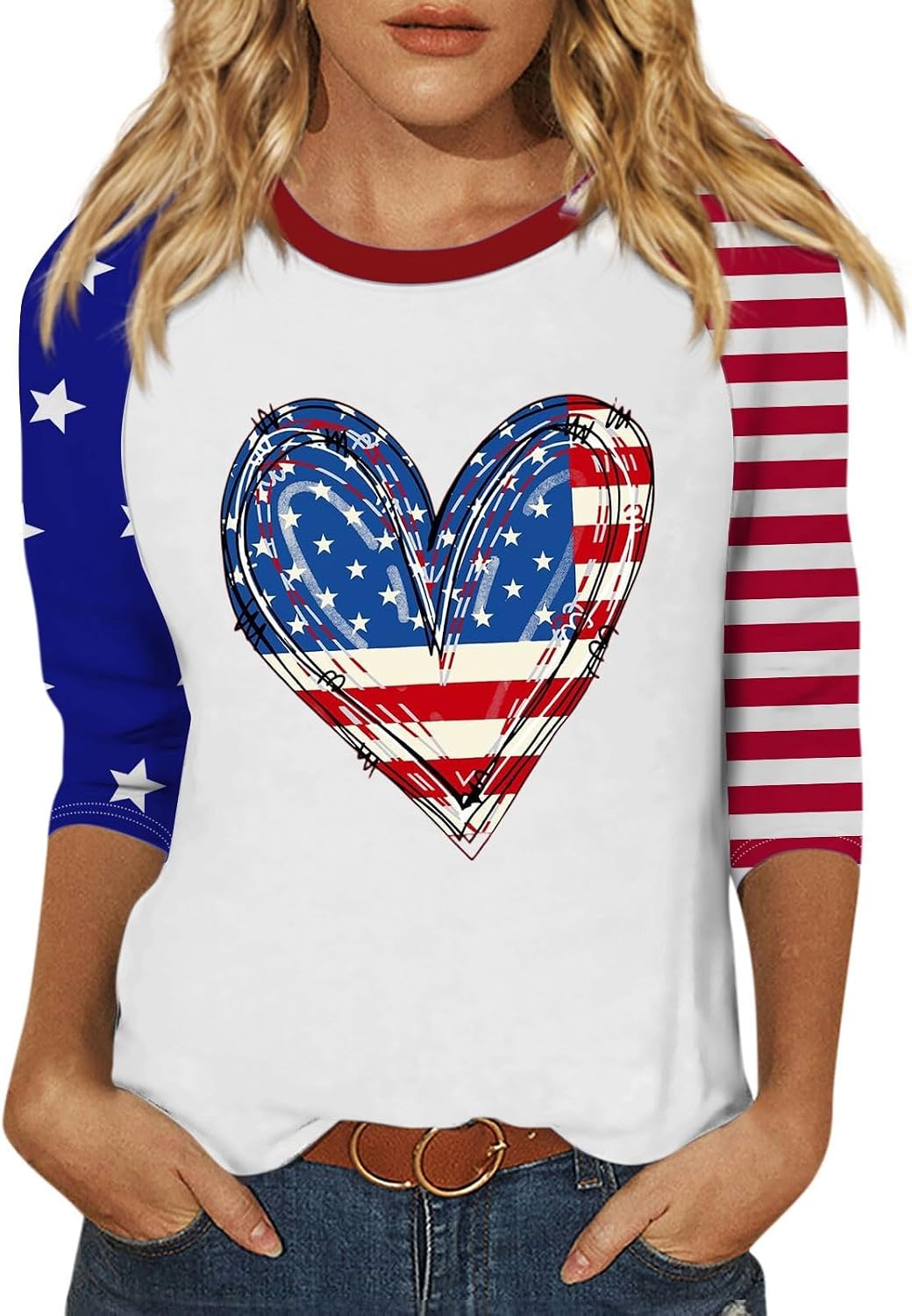 Women's 250 Years America Shirt, 4th of July Shirts, 3/4 Sleeve Crewneck American Flag Graphic Tops, S-5XL