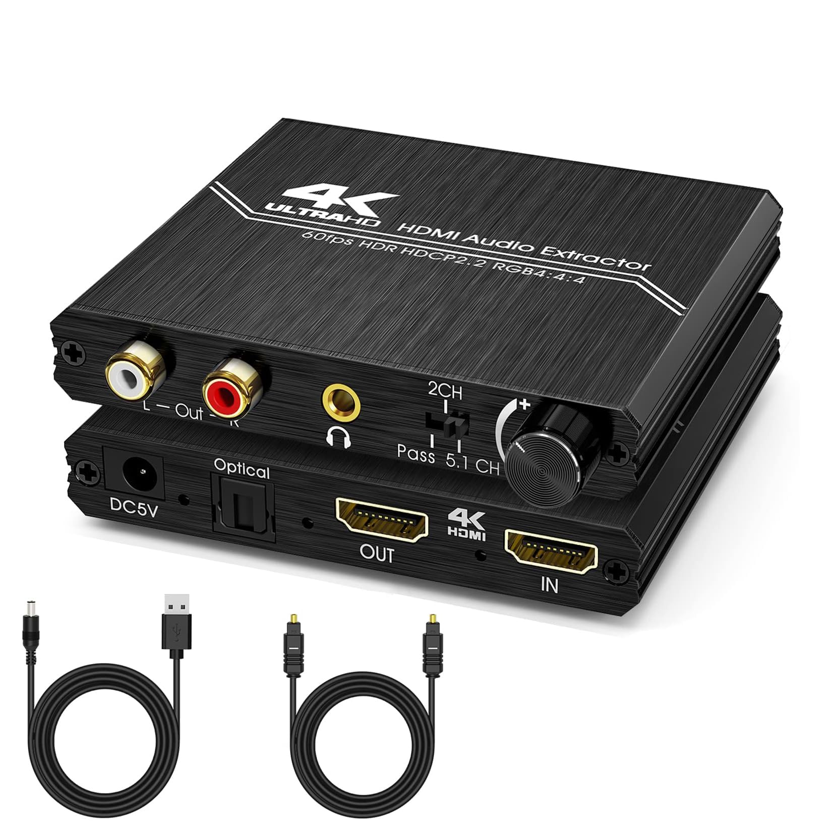 Diviseur audio HDMI 2.0 4K HDMI vers SPDIF optique Toslink 3,5 mm AUX stéréo RCA L/R convertisseur audio avec contrôle du volume, compatible avec 4K @ 60 Hz HDCP 2.2 HDR 3D YUV 4:4:4
