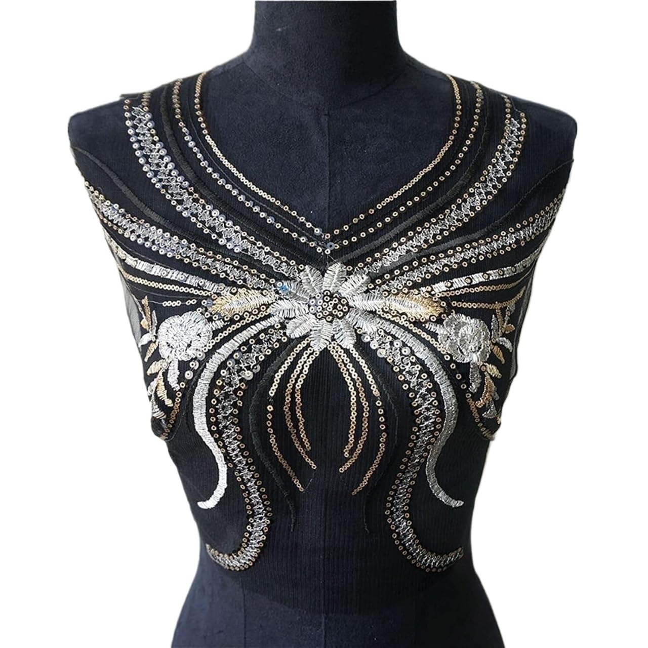 Appliqué Decorativi per Abiti da Cerimonia, Nappa con Paillettes Tessuto di Pizzo Nero Colletto a Fiori Abito