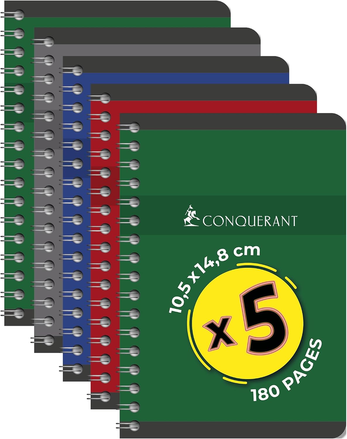 Conquérant Pack of 5 A5 Small Squared Notebooks 5 mm 180 Pages Spiral Bound Recycled Card Cover Assorted Colours