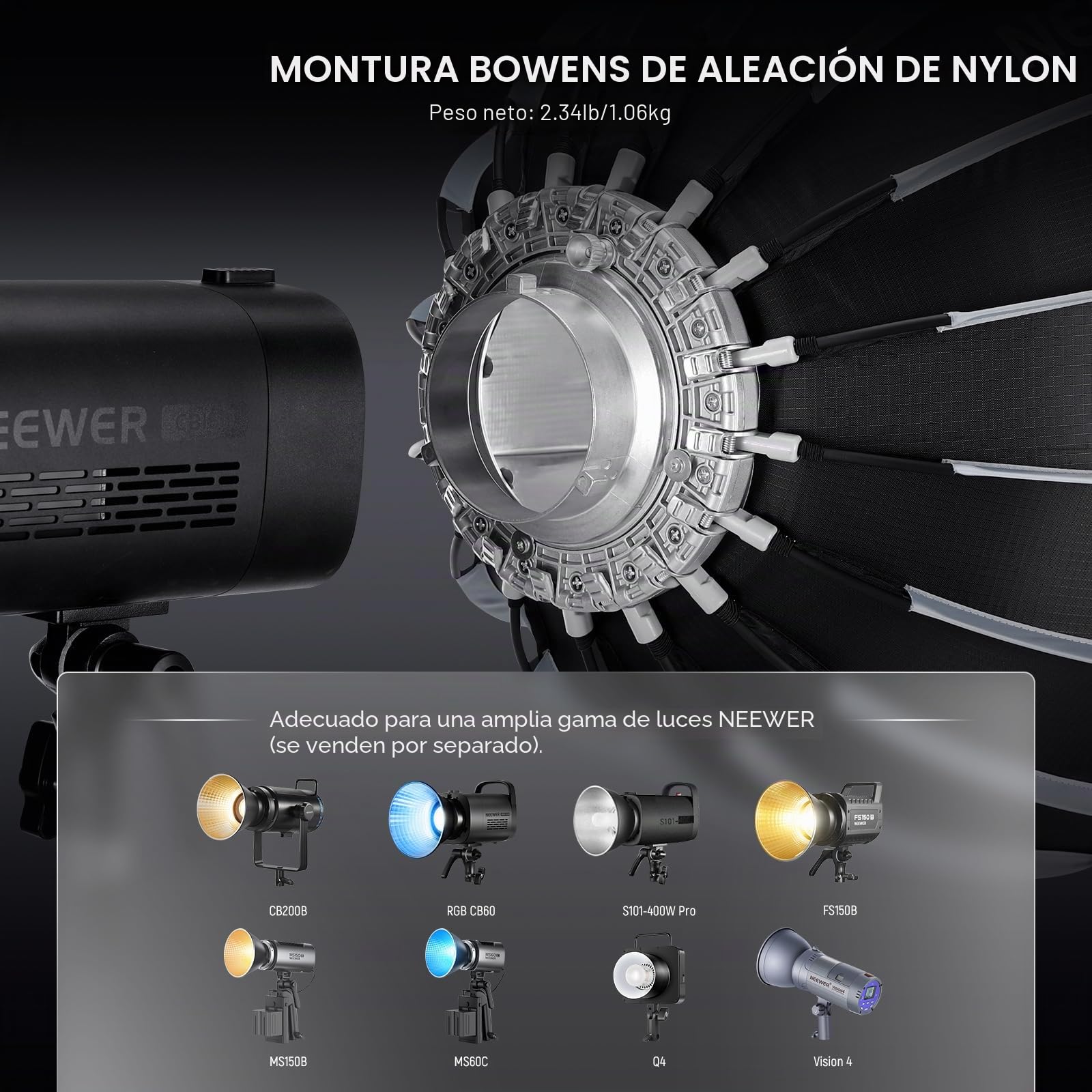 Neewer Caja de luz parabólica de 55 cm, instalación rápida, Plegable, con difusores/Rejilla/Bolsa, Compatible con Aputure 60X S 150c 300c RGB CB60 MS60B MS60C CB200B y Otras Luces de Montaje Bowens