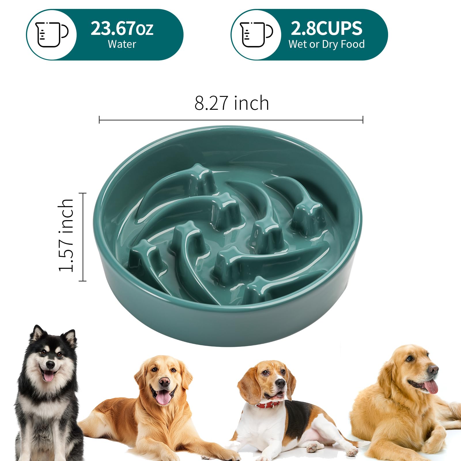 Fressnapf für Hunde, Keramik, für mittelgroße und große Rassen, langsames Füttern, schweres Gewicht, Welpennapf für schnelle Esser, Puzzle-Fressnapf, Meteor, 21 cm, tiefgrün