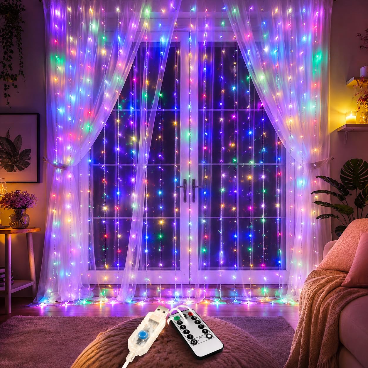 One94Store Fairy Curtain String Lights, 300 LED USB Powered Fairy Lights with Remote, 8 Modes, Window Wall Decor for Bedroom, Party, Diwali & Christmas - 3x3m Multicolor