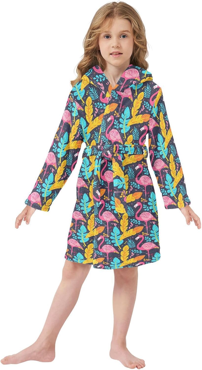 senya Yellow Leaves Flamingo Toddler Hooded Bathrobe Kids Soft Plush Bath Towel Robes for Boys Girls 2-12 Years