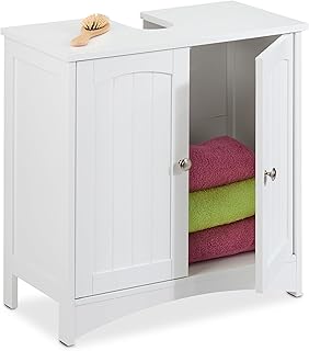 Under Sink Cabinet, 2 Doors, HWD: 60 x 60 x 31 cm, MDF, Bathroom Storage Unit, Washbasin Cupboard, White