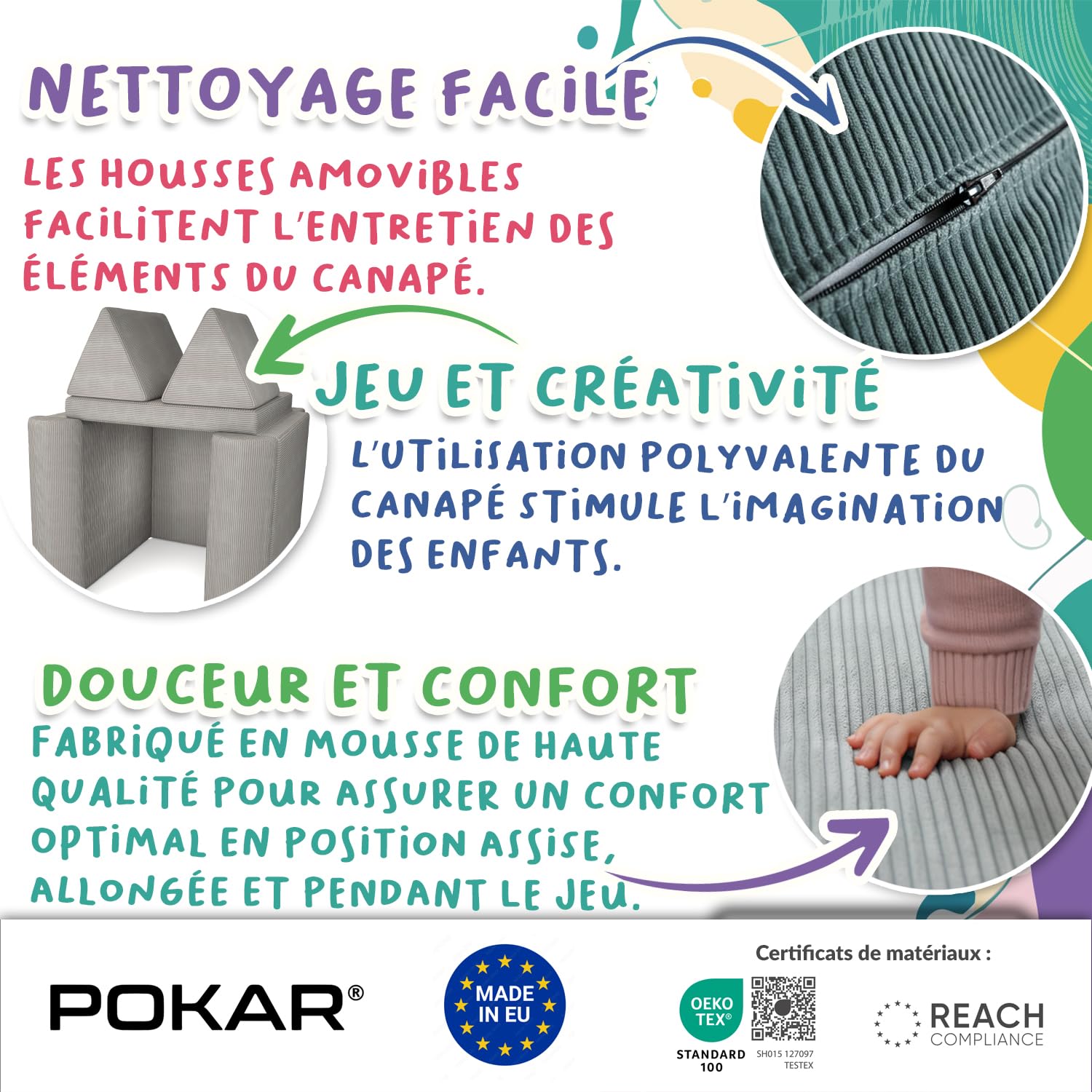 POKAR Canapé Enfant Convertible Velours Côtelé | Canapé Modulable Enfant en Mousse | Possibilités de Jeux Infinies pour Chambre d'enfant | Certifié Oeko-TEX | Brun Chocolat