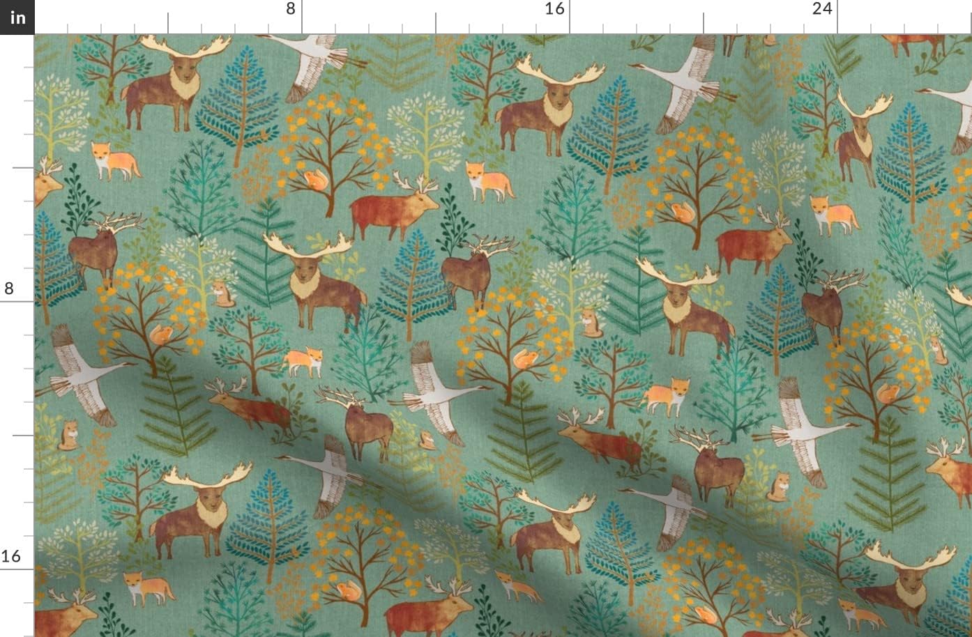 Spoonflower Fabric - Wild Forest Squirrels Pine Maple Cranes Wildlife Foxes Printed on Organic Cotton Sateen Fabric by The Yard - Sewing Quilting Apparel Home Decor