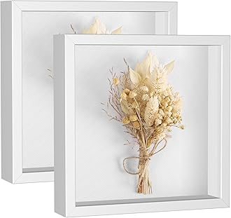 Califortree 8x8 Shadow Box Frame with Soft Linen Back - Metal Push Pins Included, Memory Shadow Box Display Case for Bouquet Awards Medals Wedding Photos and More, White, 2 Packs