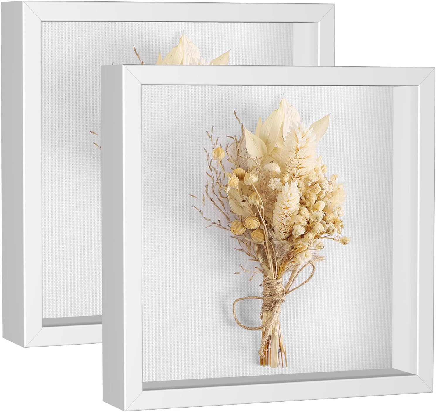 Califortree 8x8 Shadow Box Frame with Soft Linen Back - Metal Push Pins Included, Memory Shadow Box Display Case for Bouquet Awards Medals Wedding Photos and More, White, 2 Packs