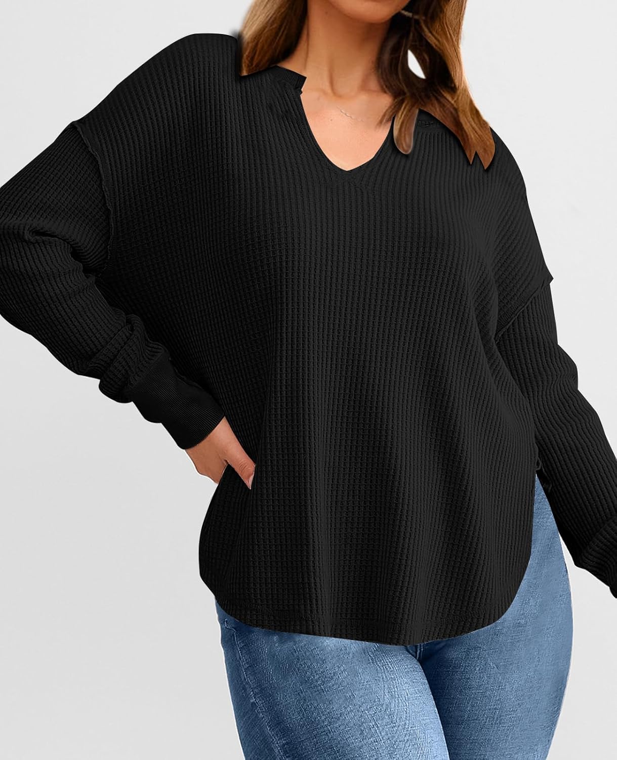 PRETTYGARDEN Womens Spring Fashion 2026 Waffle Knit Long Sleeve Tunic Tops for Women Loose Fit Dressy Casual V Neck Shirts