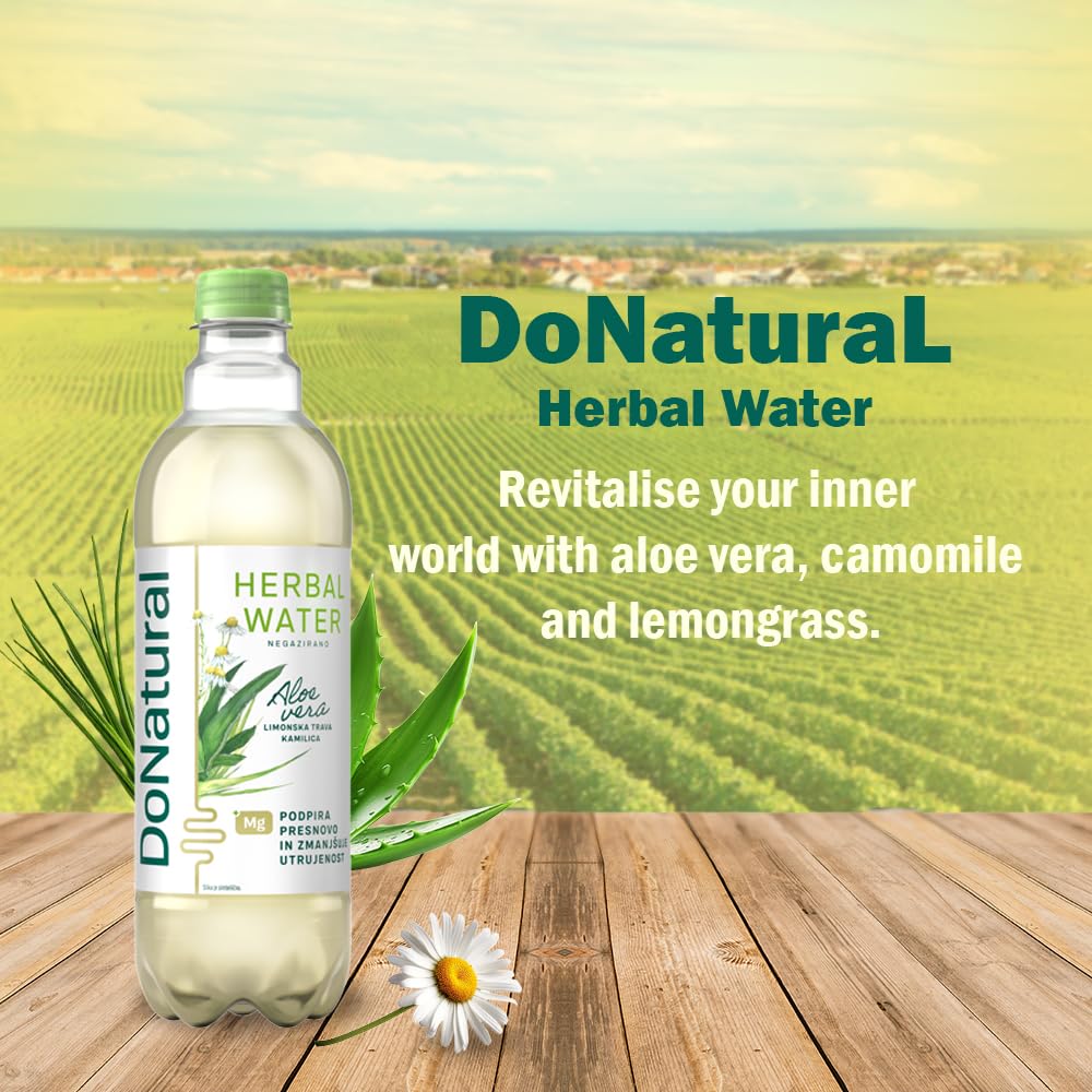 Paquete de 12 DoNatural Agua Herbal de Aloe Vera – Hierba de limón y manzanilla, 500 ml – Bebida baja en calorías de aloe vera con magnesio y fibra, sin edulcorantes artificiales