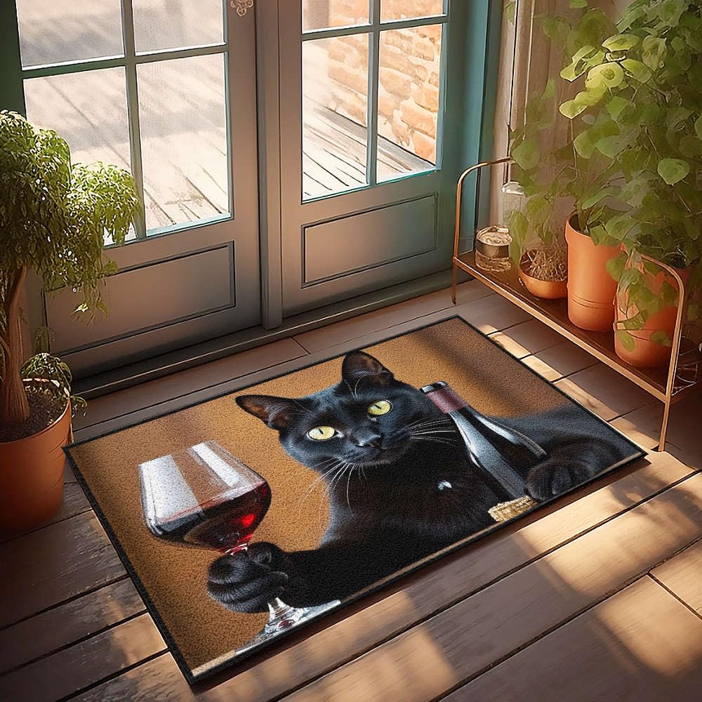 Paillasson extérieur chat noir et vin rouge 50 x 80 cm pour entrée décorative