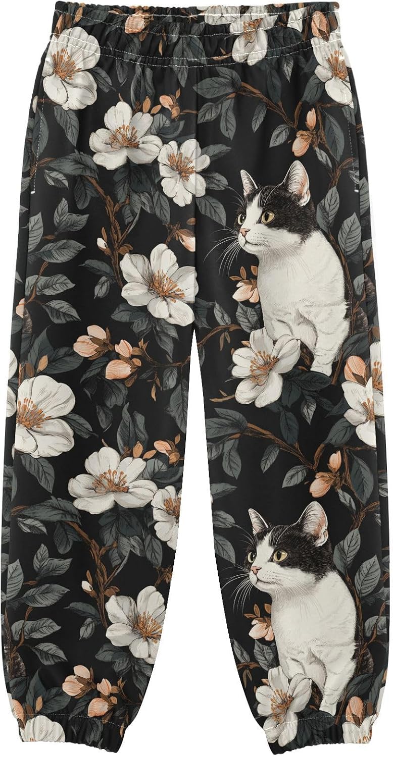 Boy Sweatpants White Black Cat Flower Joggers Casual Athletic Pants Kids Elastic Waist Cuffed with Pockets