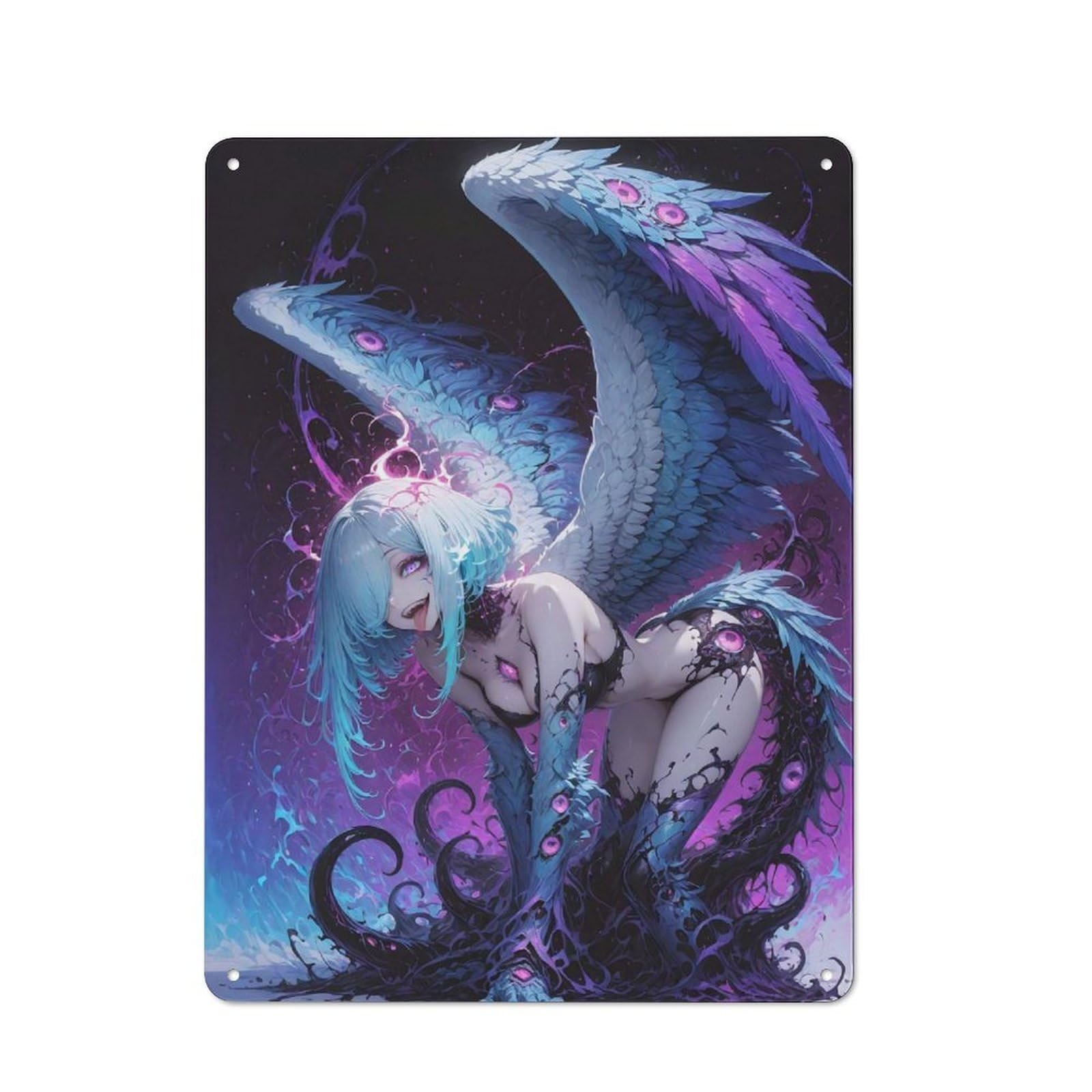 Junmoney Style-1-1 For Studio Or Craft Room, Winged Creature With Blue Hair Retro-Style Tin Sign 40X30cm, For Metal Sign Collectors, For Garage And Workshop Walls