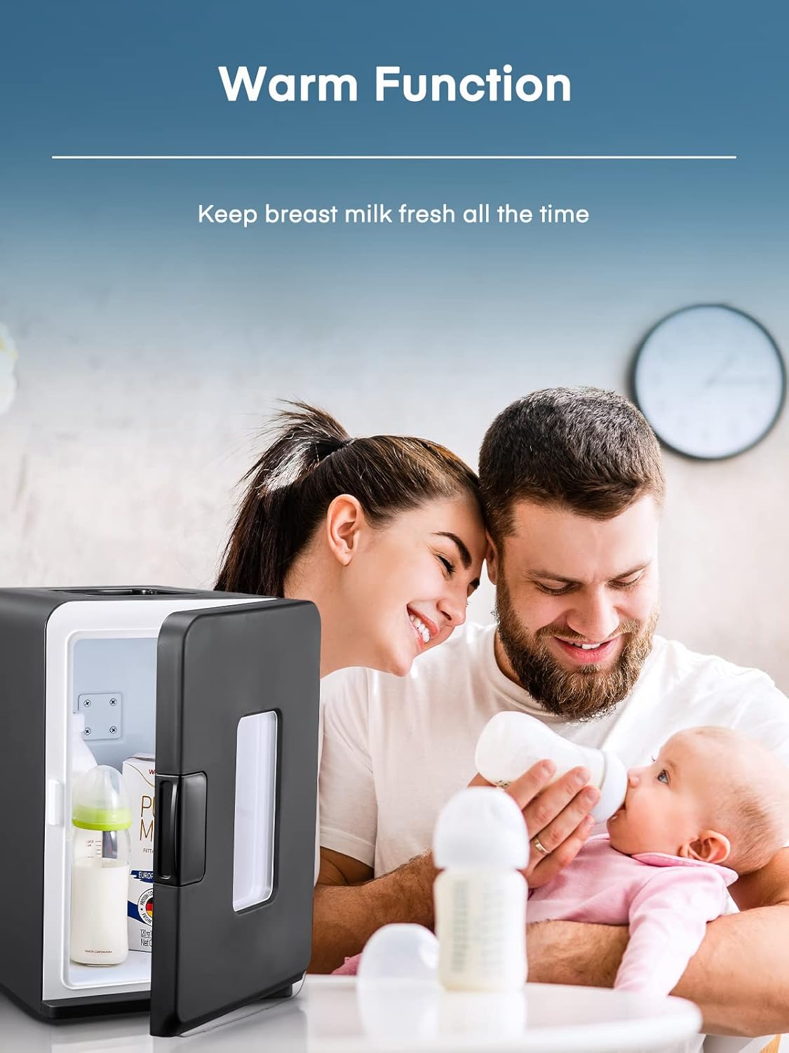 Image of a couple with a baby, showing the FOHERE mini fridge used to keep baby milk warm, highlighting its warming function.