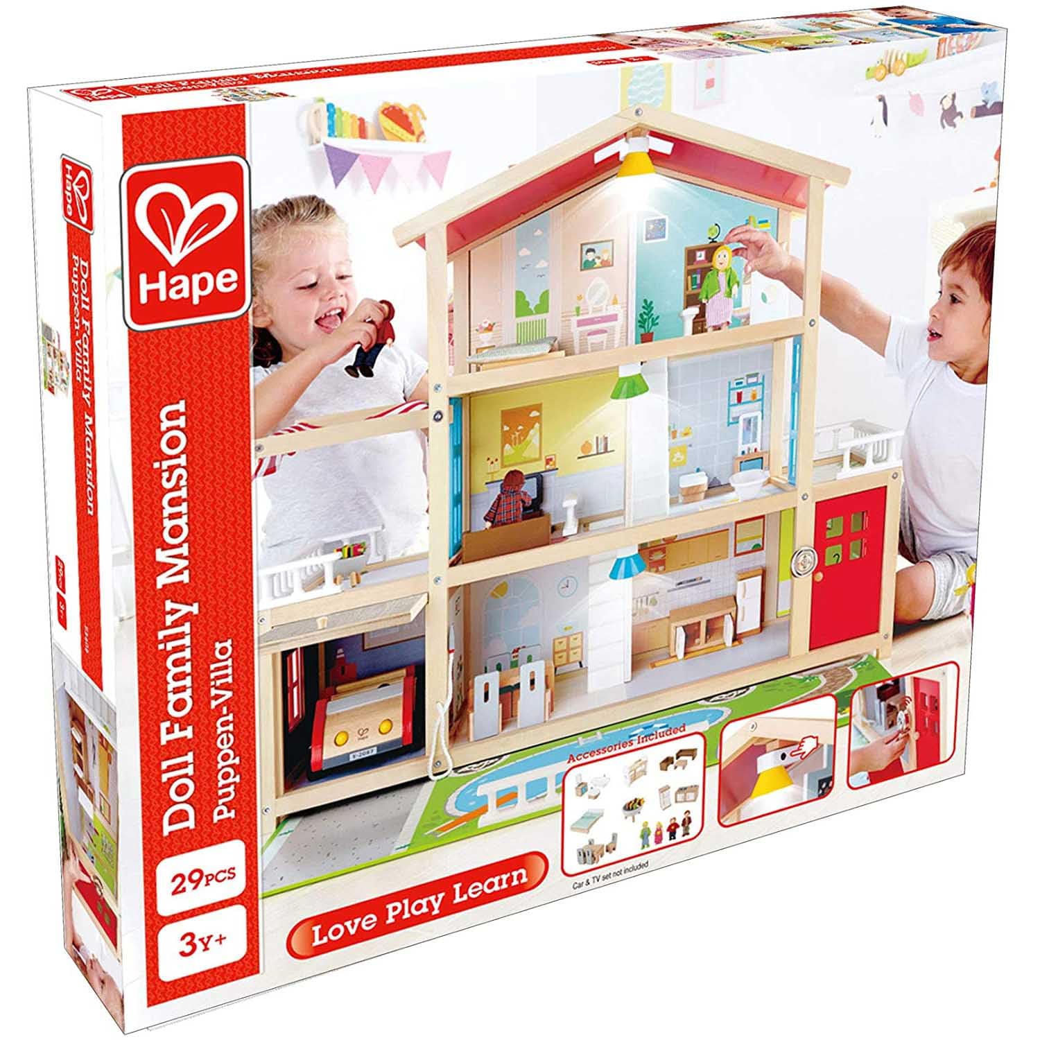Hape Villa delle bambole | Casa arredata per gioco di ruolo | Casa giocattolo a tre piani in legno | Per bambini dai 3 anni