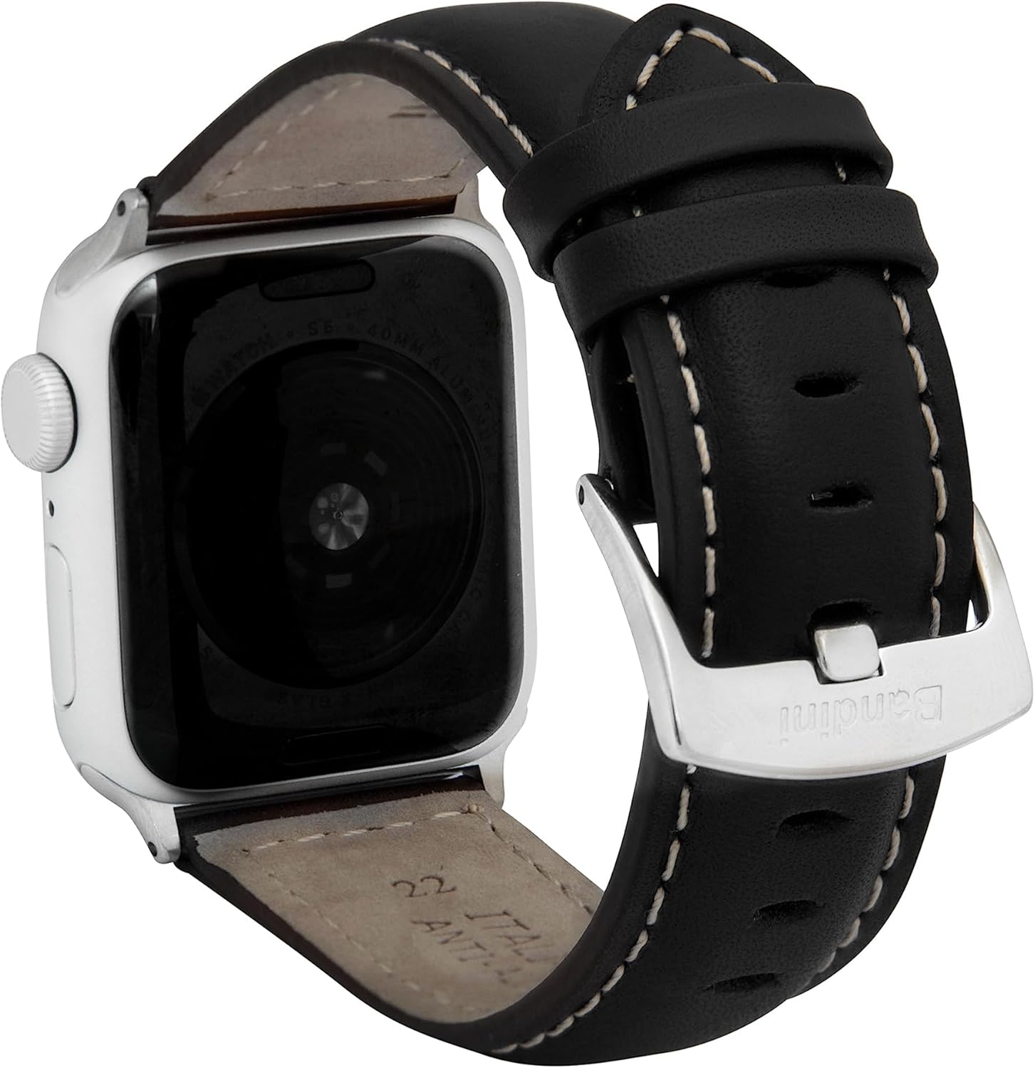 Bandini Mens Classic Leather Band for Apple Watch Band 46mm 45mm 42mm 44mm 41mm 40mm 38mm 49mm & Ultra 1 & 2, fits Apple Watch Series 11 10 9 8 7 6 5 4 3 SE, Extra Long XL, Black/Stitch/Silver