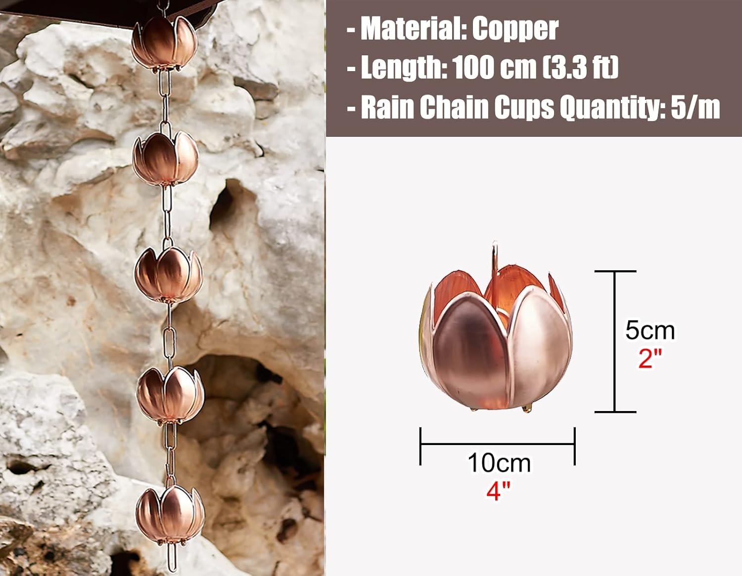 Rain Catcher Chain, Rain Chain,Downspouts Chains Weight, Copper Decoration Outside for Gutters, Decor for Farmhouse Home Patio Porch Garden, 100cm