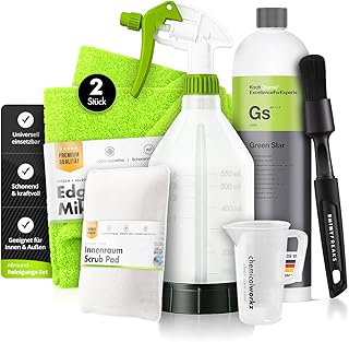Green Star Set: Koch Chemie Green Star Universalreiniger 1L + 360° Sprühflasche 500ml + Messbecher + 2 Mikrofasertücher + Scrub Pad + Detailing Brush | schnell gemischt & sofort startklar | 7-teilig